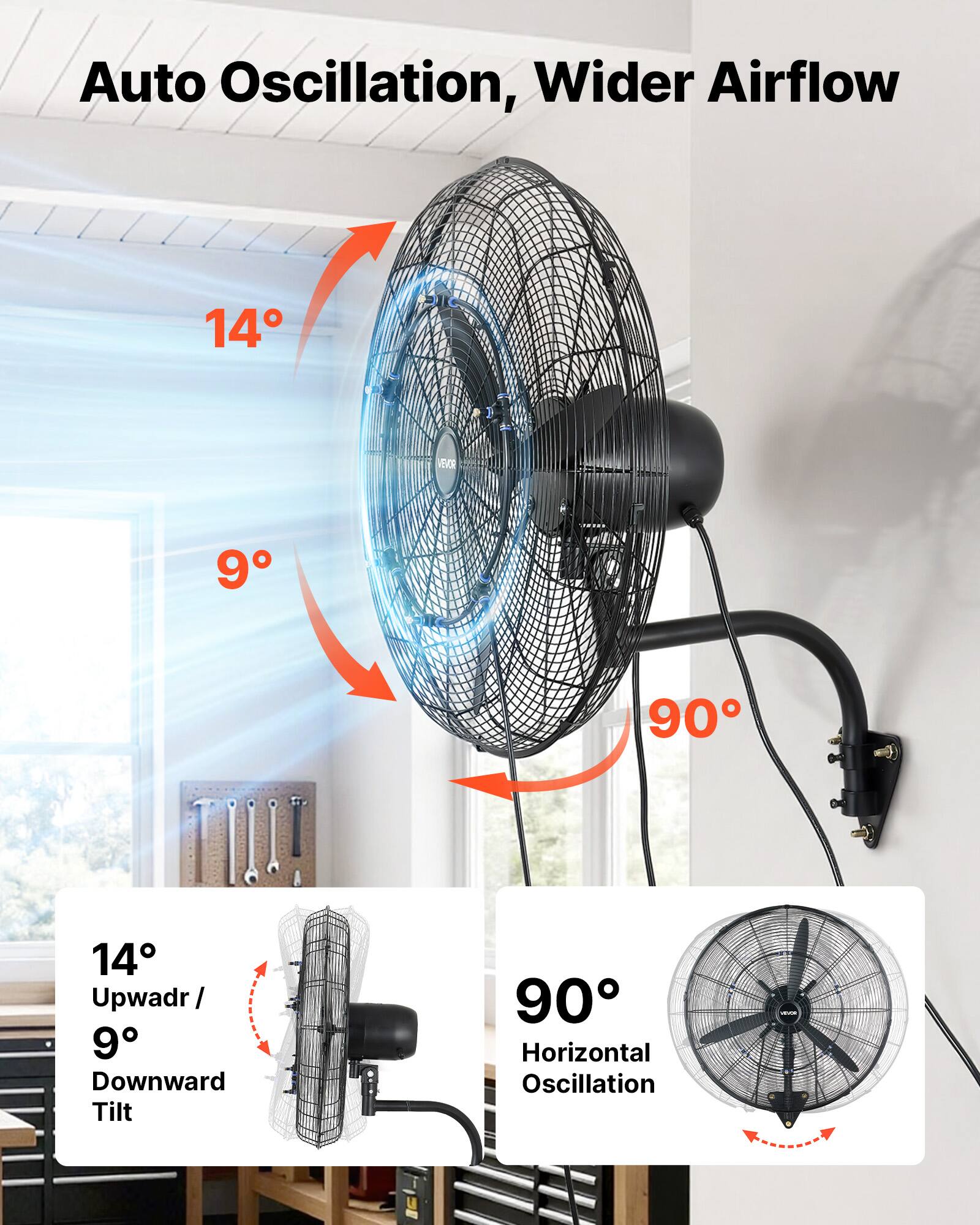 Auto Oscillation, Wider Airflow

14° Upward / 9° Downward Tilt

90° Horizontal Oscillation