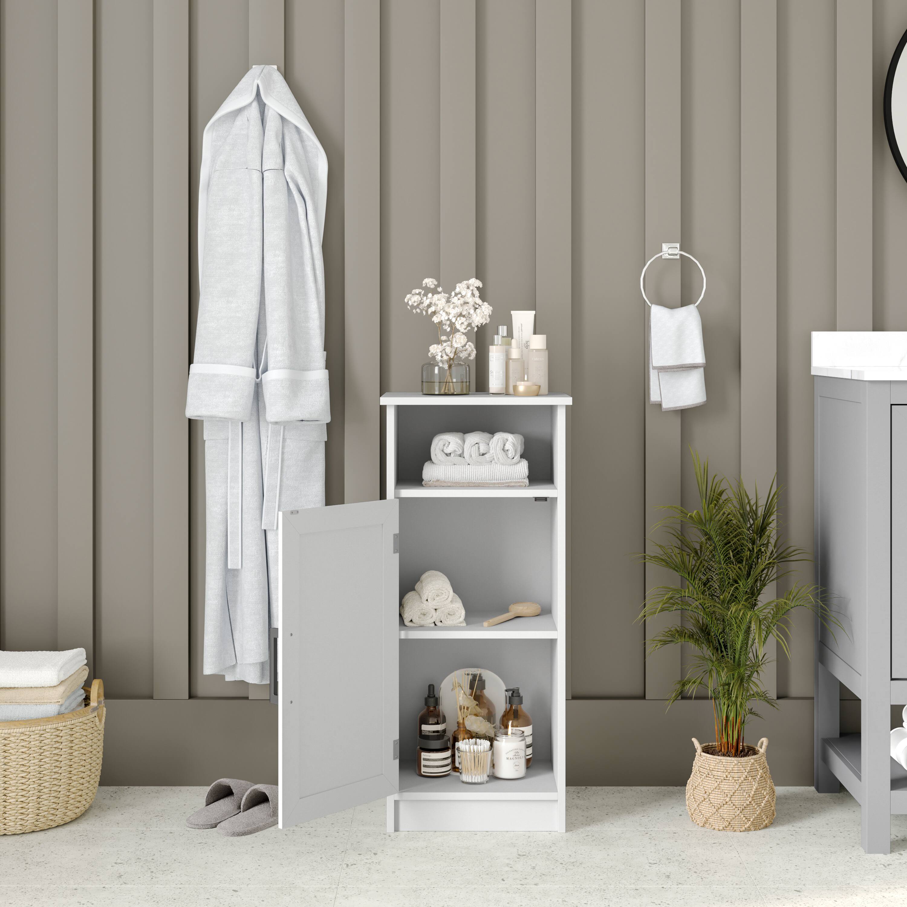 Alt View 3. Emma + Oliver - Vesta Bathroom Storage Cabinet Organizer with Adjustable In-Cabinet Shelf, Magnetic Closure Door, and Upper Open Shelf - White.