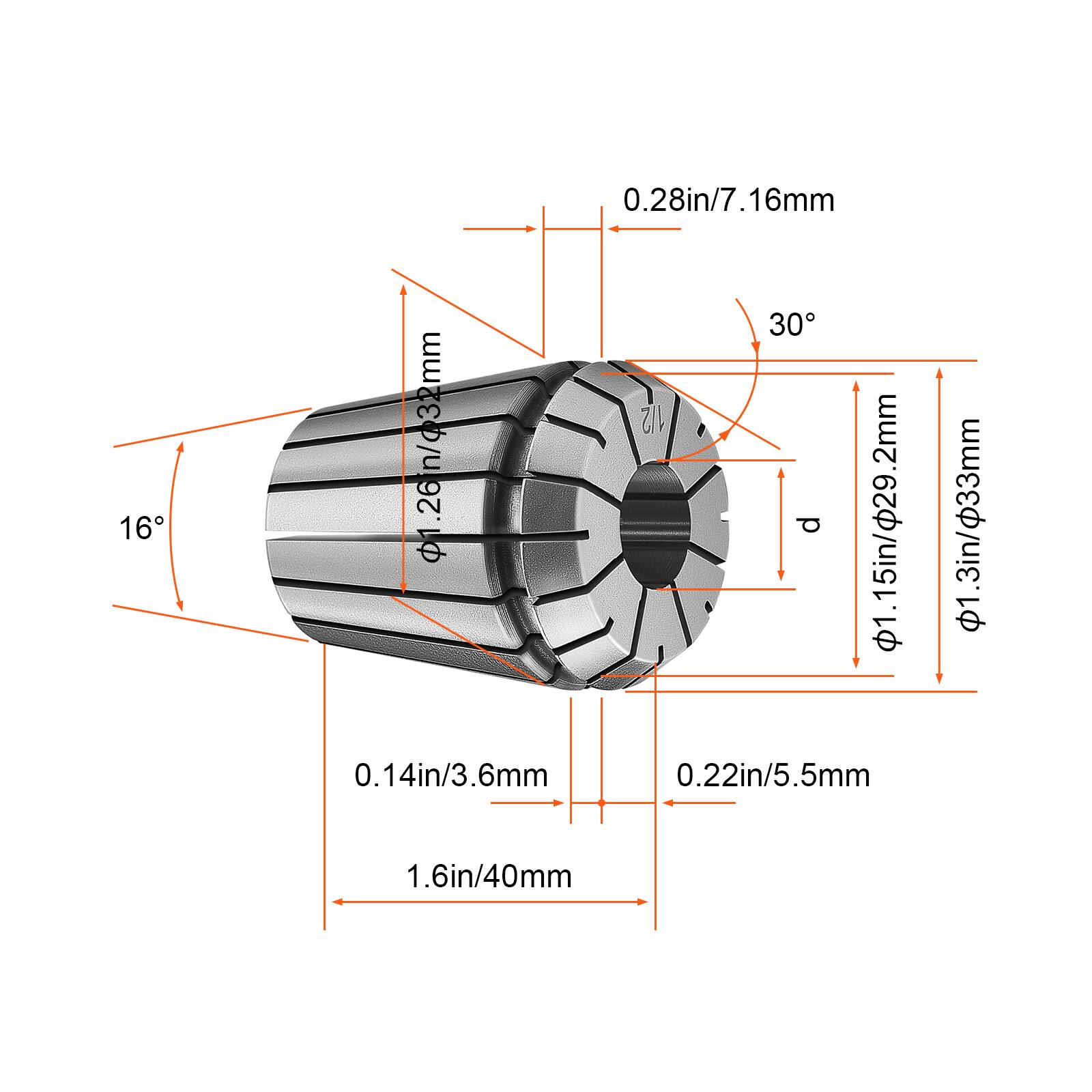 - 0.28in/7.16mm
- 16°
- 0.26in/6.6mm
- 0.14in/3.6mm
- 1.15in/29.2mm
- 0.22in/5.5mm
- 1.6in/40mm
- 30°
- d
- 1.15in/29.2mm
- 1.3in/33mm