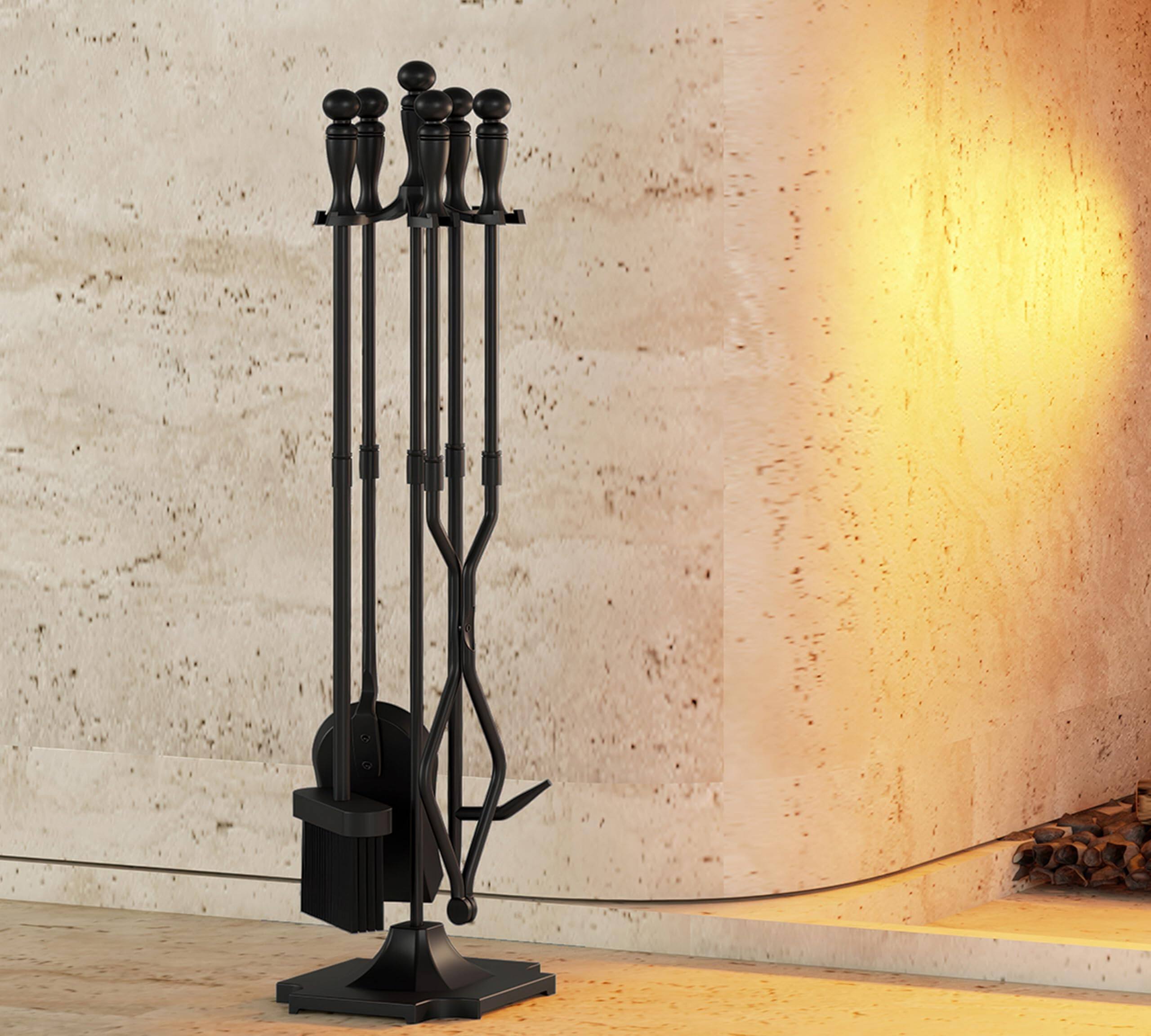 JETRANSPORT - 5 Fireplace Tools Sets Heavy Duty Wrought Iron Large Fire Tool Set And Holder Outdoor Black - Default