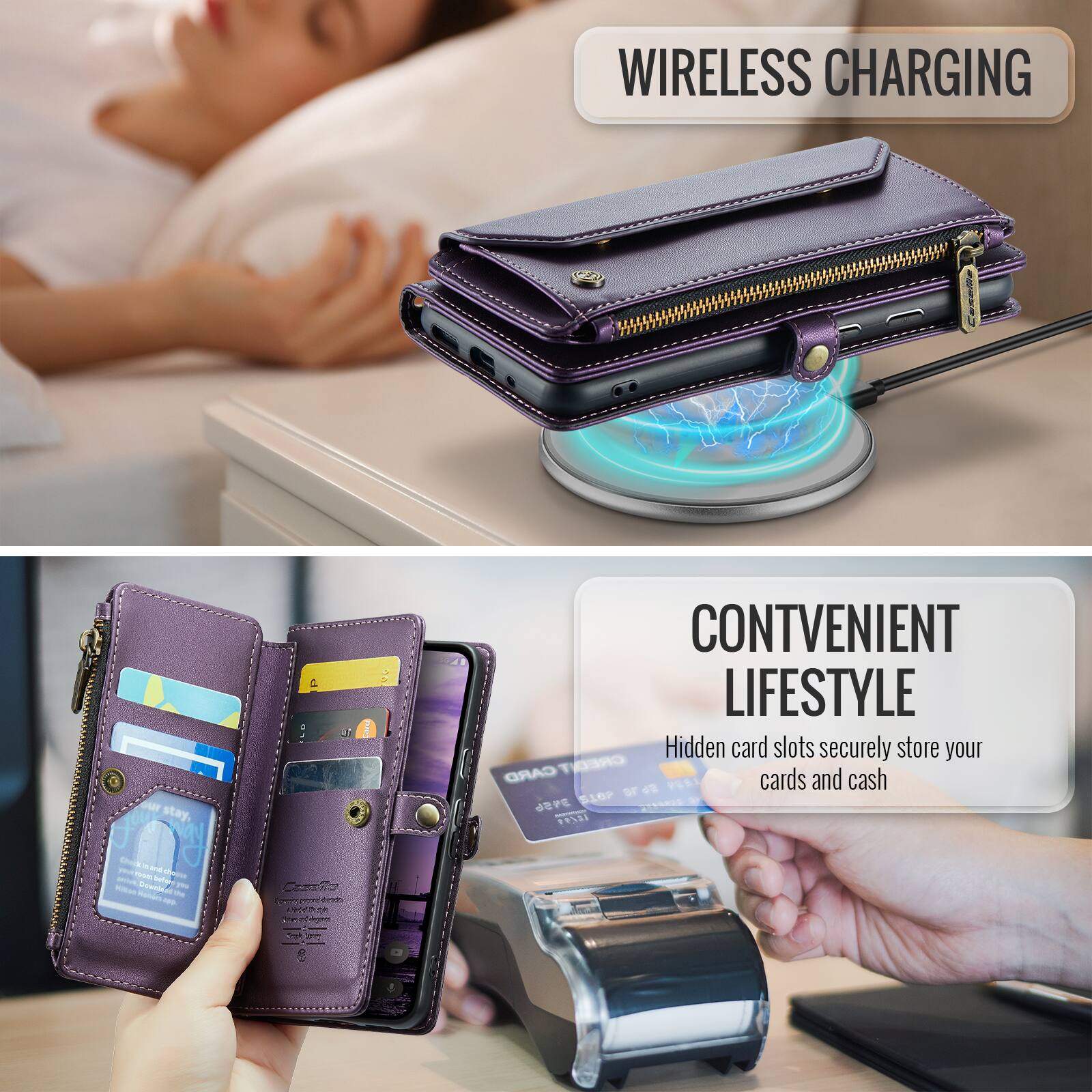 WIRELESS CHARGING

CONVENIENT LIFESTYLE

Hidden card slots securely store your CARD CREDIT PESI cards and cash