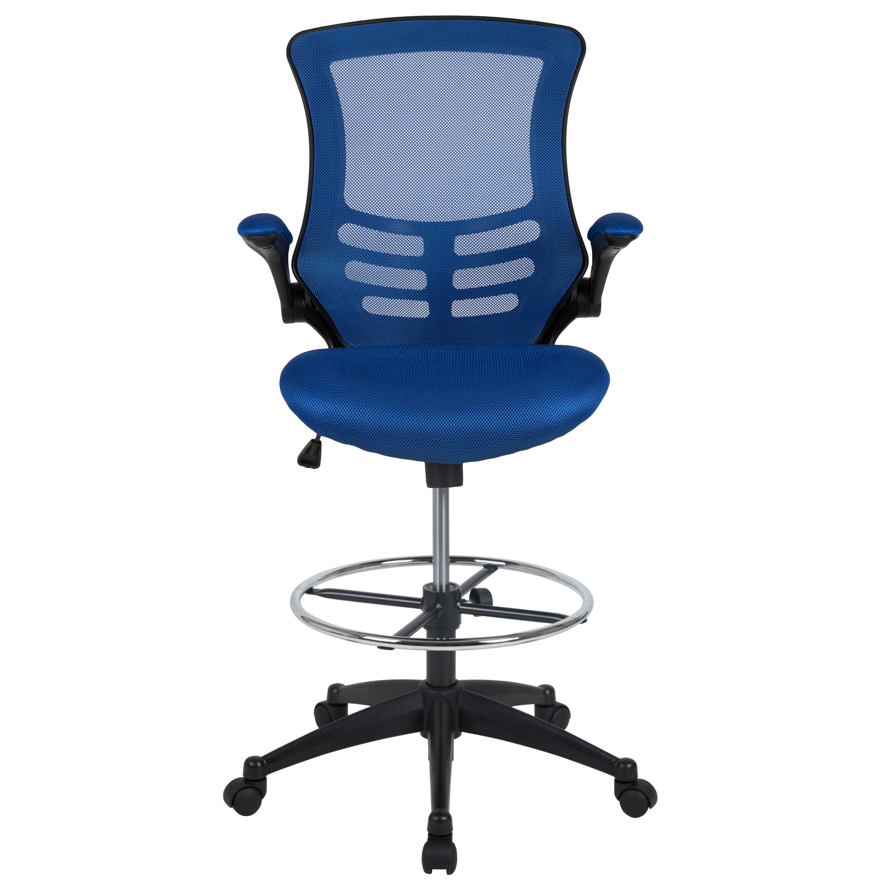 Alt View 7. Emma + Oliver - Mid-Back Mesh Ergonomic Drafting Chair with Foot Ring and Flip-Up Arms - Blue Mesh/Black Frame.