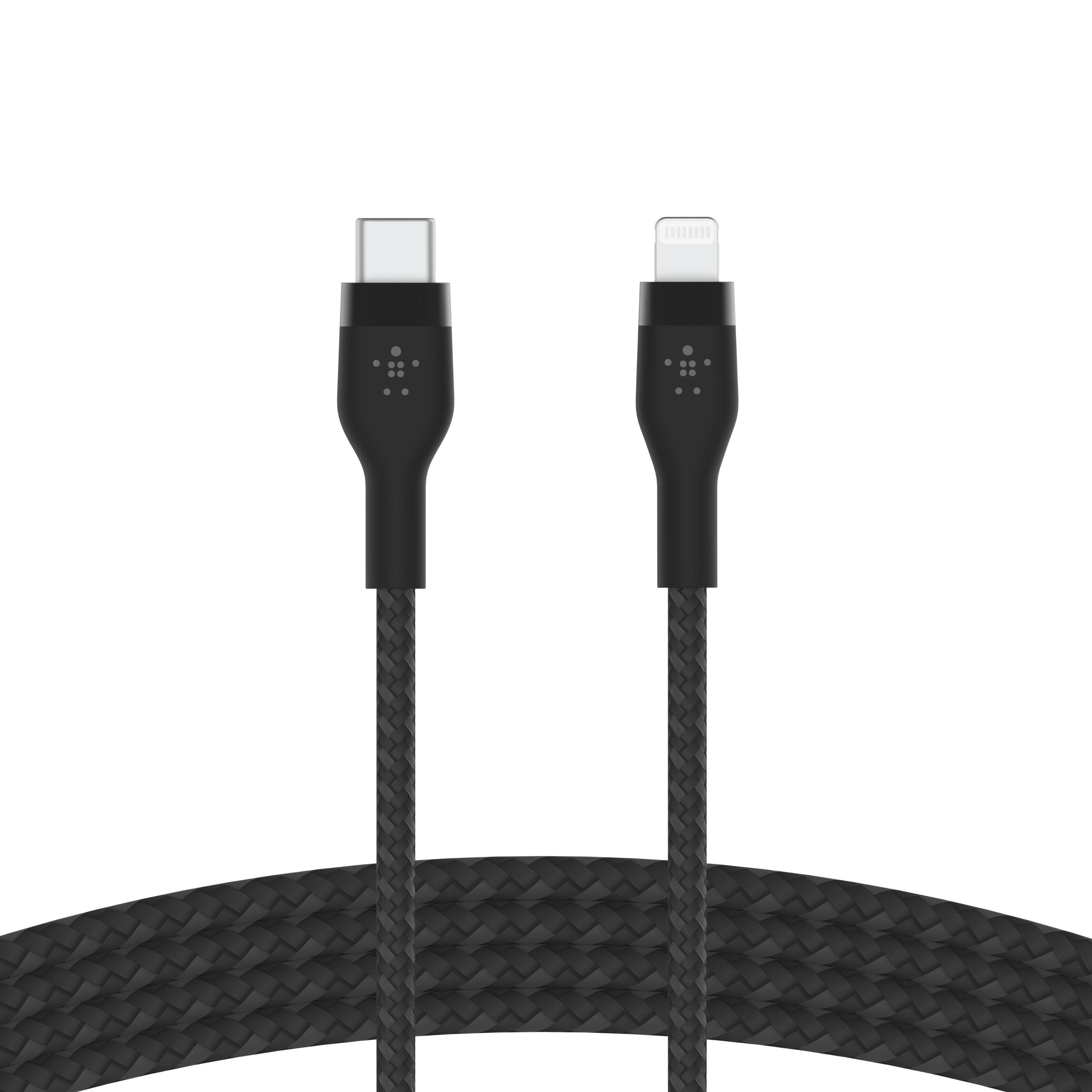 Left. Belkin - BOOST↑CHARGE Pro Flex Braided Silicone USB-C to Lightning Cable 6.6FT, MFi-Certified Charging Cable with Cable Clip - Black.