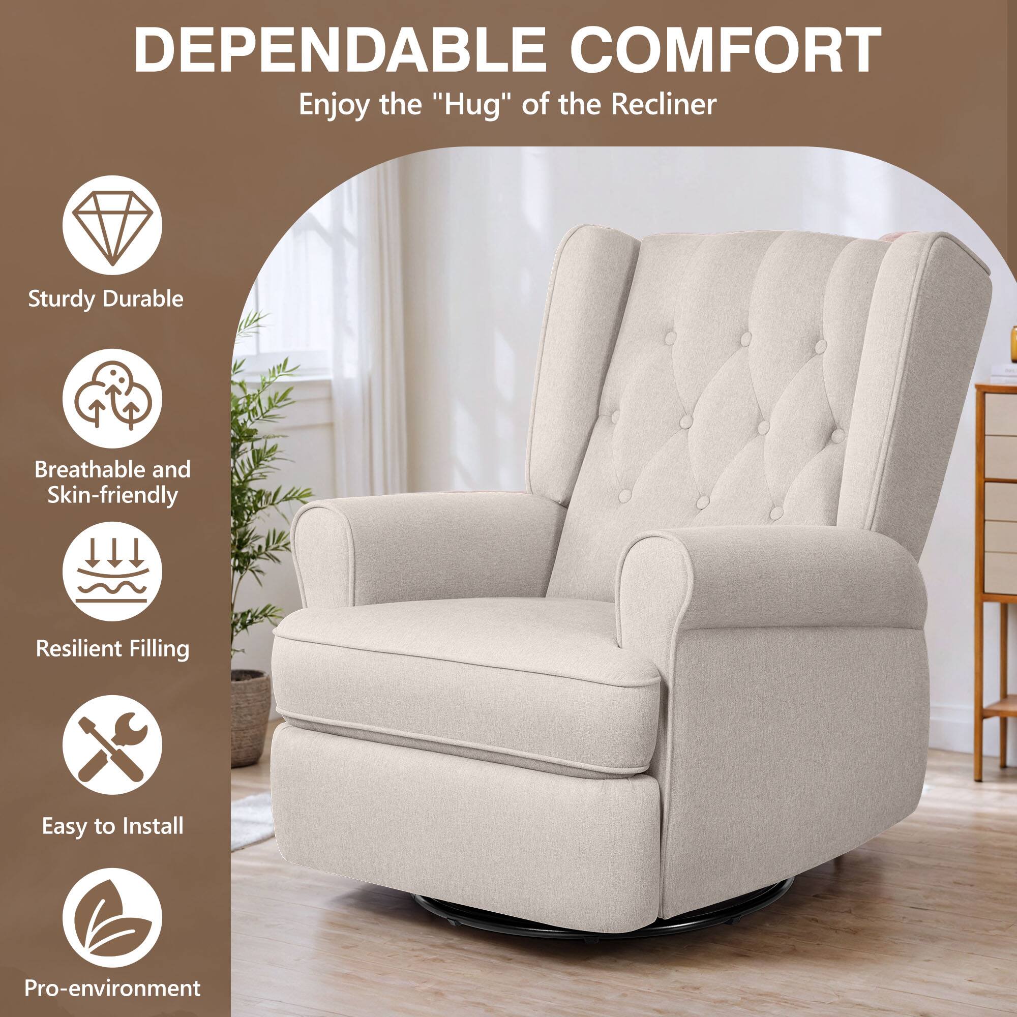 Alt View 4. Brick Attic - Recliner Chair 360 Swivel Glider, Ergonomic Living Room Chair with Armrests and Decorative Buttons - Beige.