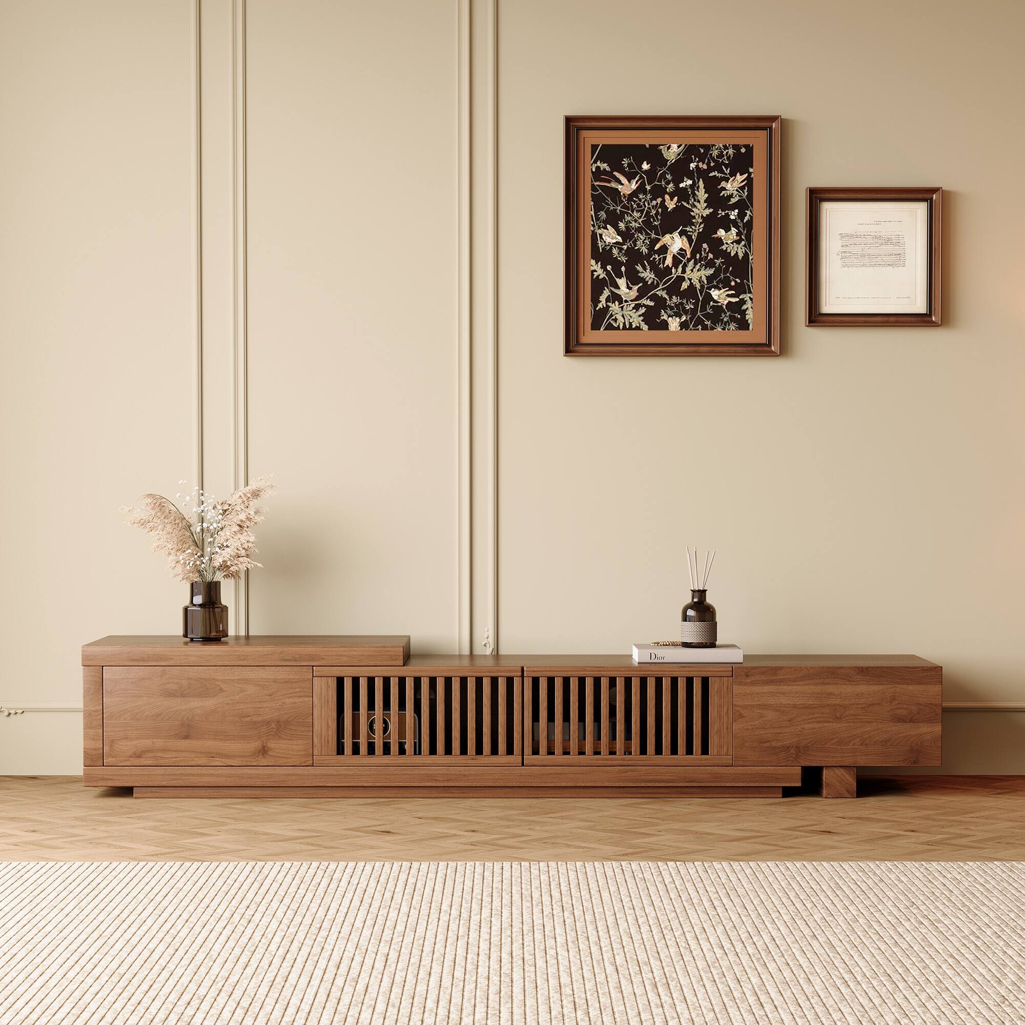 Left. luck idea - Extendable 78.54" Media Console - TV Stand & Entertainment Center with Spacious Storage - Walnut color.