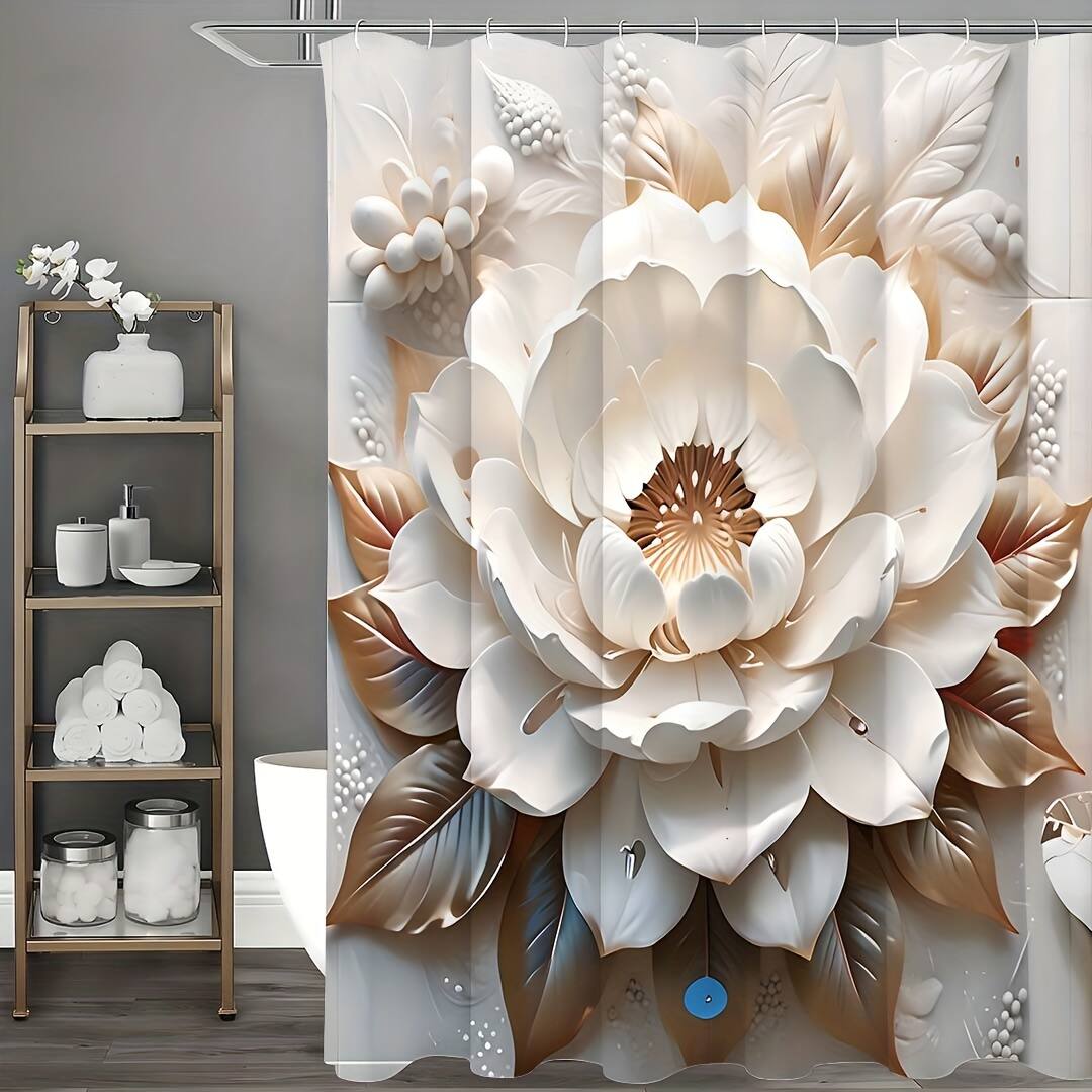 Front. blue - 1pcs Forest-Themed 3D Floral Pattern Shower Curtain Set - Waterproof, Cordless, Non-Slip, and Easy-to-Clean - white180.