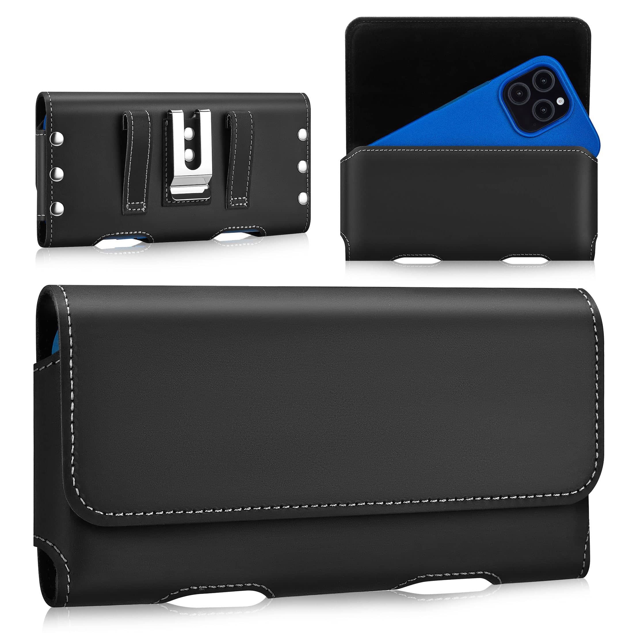 VEGA AUTOMOTIVE - Universal Cowhide Leather Phone Holster With Belt Clip Compatible Galaxy S25 Ultra S24 S23 S22 Ultr S21 S20 - Black