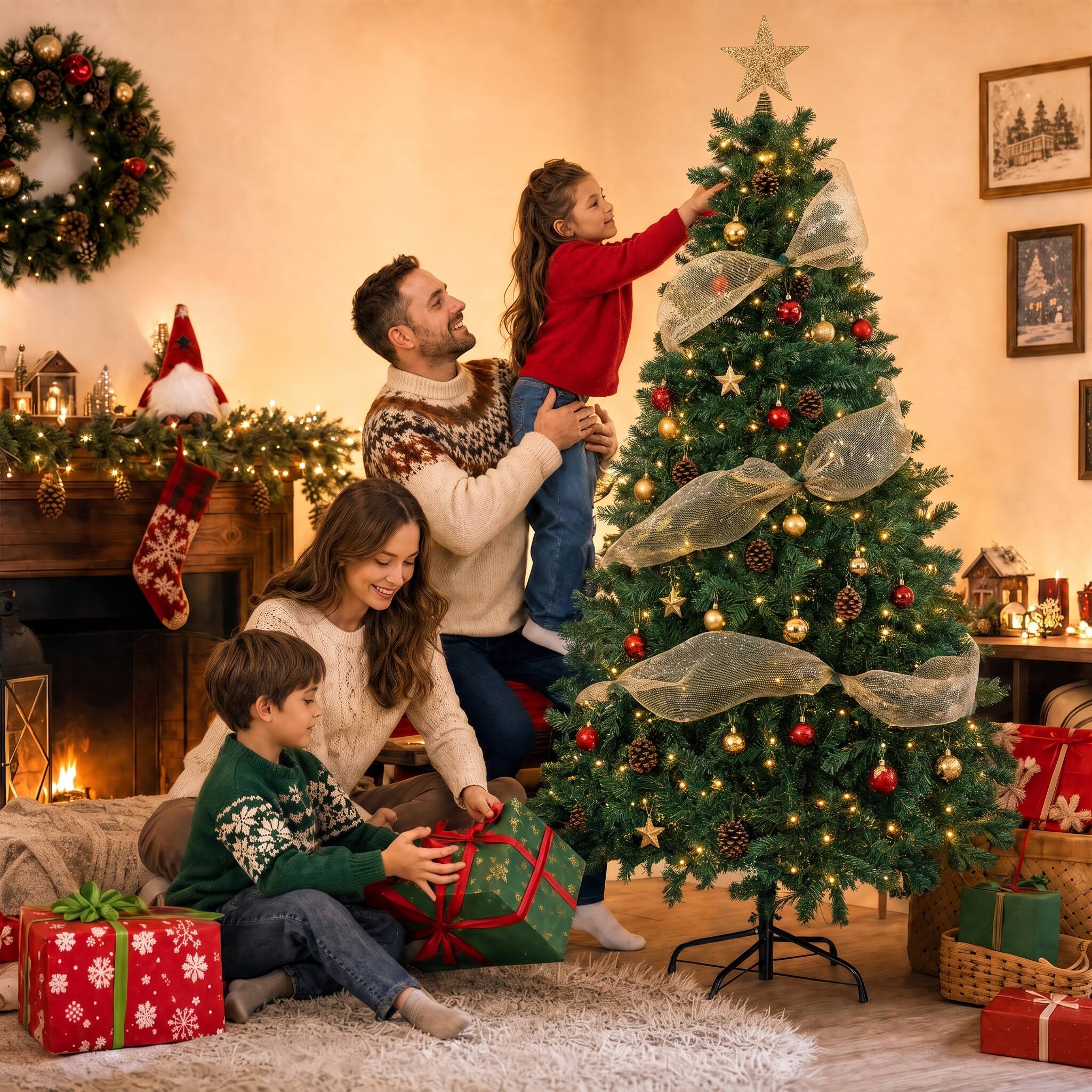 Angle. CloudRest Pro - 6-ft Artificial Christmas Tree 1000+ Branch Tips Easy Assembly - Green-Ribbon.