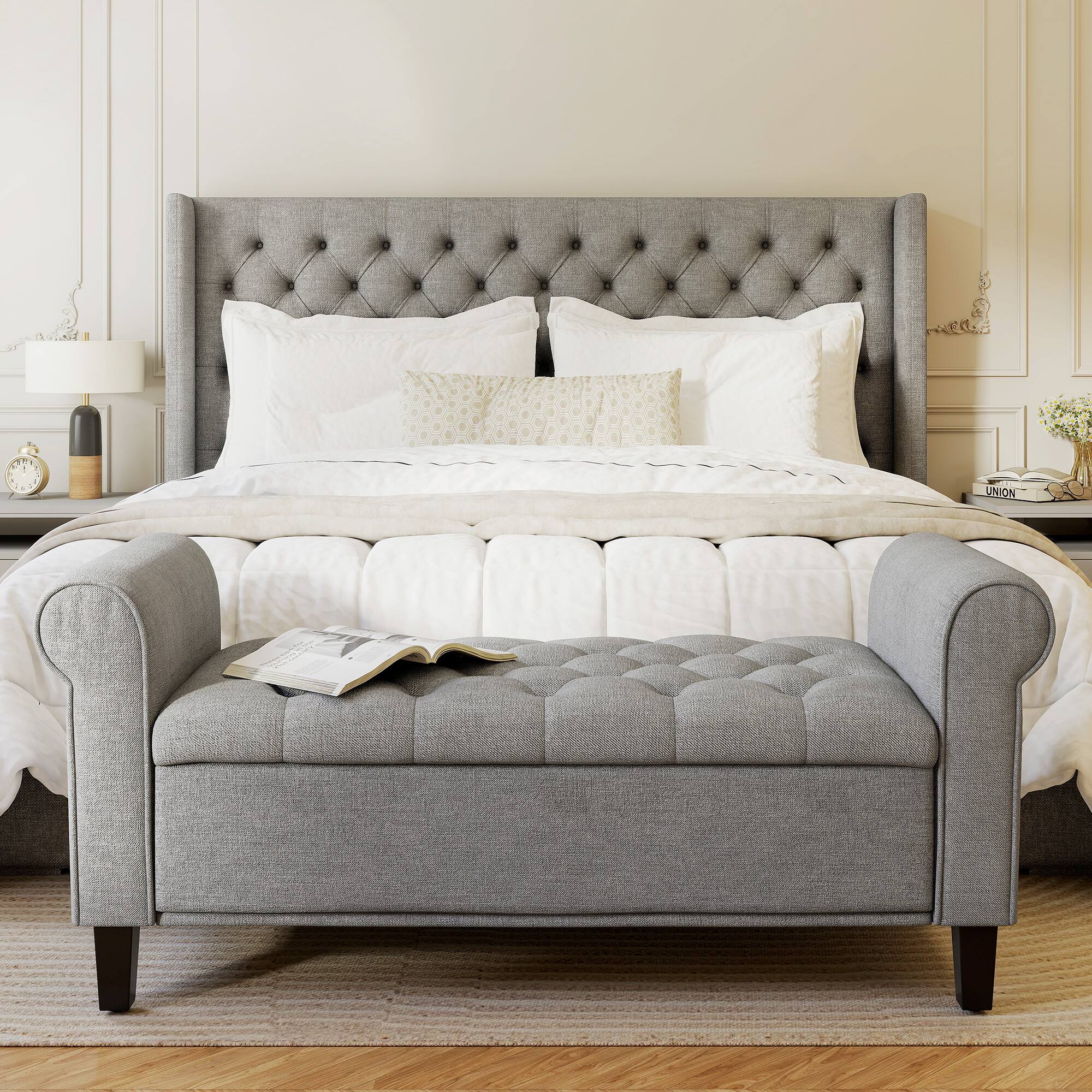 Alt View 1. Homcom - Inches Storage Ottoman, End of Bed Bench with Rolled Arms, Wood Legs - Cream White.