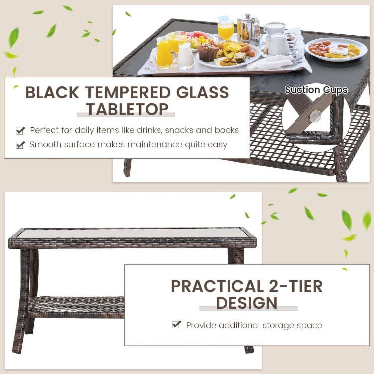 BLACK TEMPERED GLASS TABLETOP  
- Perfect for daily items like drinks, snacks, and books  
- Smooth surface makes maintenance quite easy  

Suction Cups  

PRACTICAL 2-TIER DESIGN  
- Provide additional storage space
