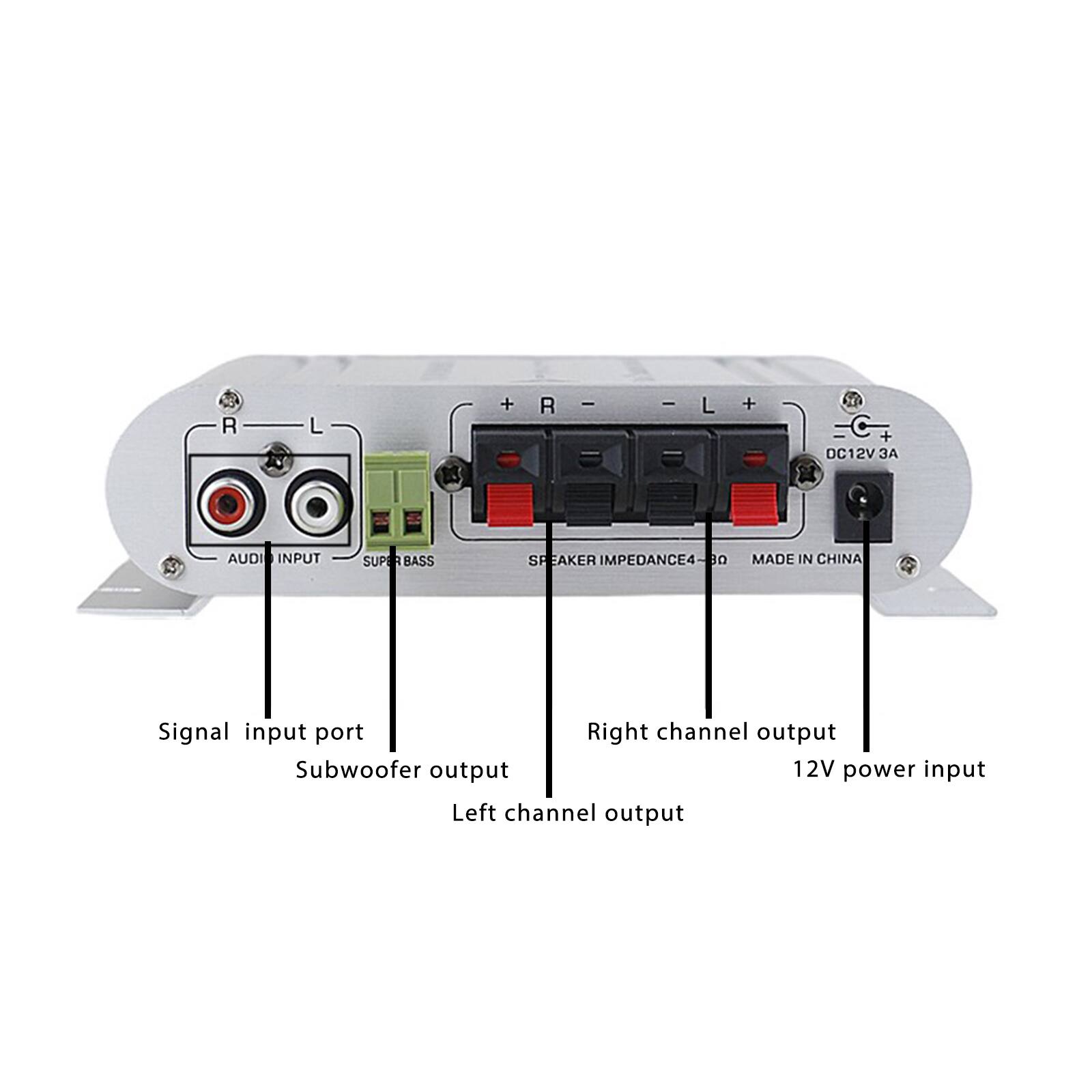 - Signal input port
- Subwoofer output
- Left channel output
- Right channel output
- 12V power input

- AUDIO INPUT
- SUB BASS
- SPEAKER IMPEDANCE 4-30
- MADE IN CHINA

- DC12V 3A