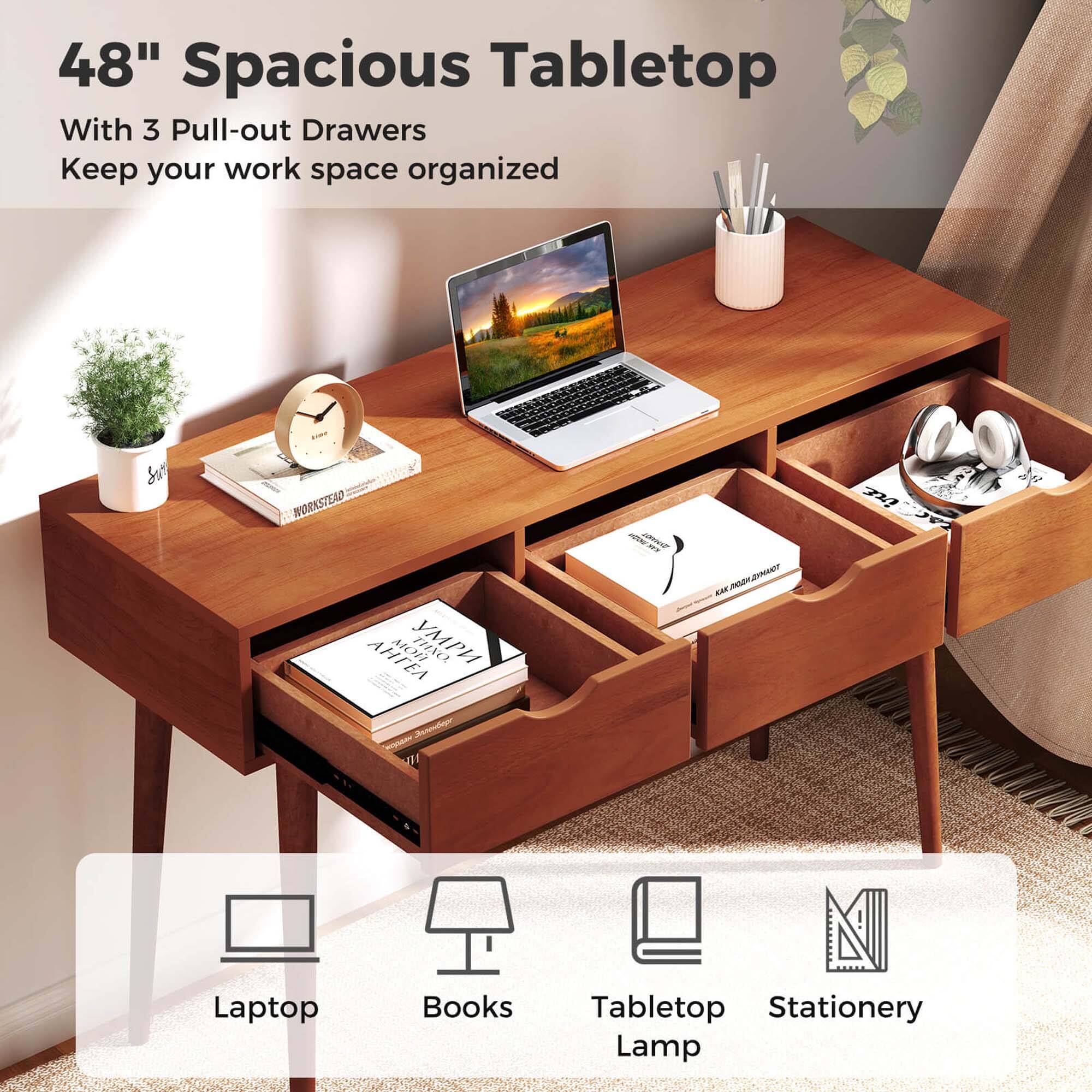 The text on the image reads: "48" Spacious Tabletop With 3 Pull-out Drawers Keep your work space organized."