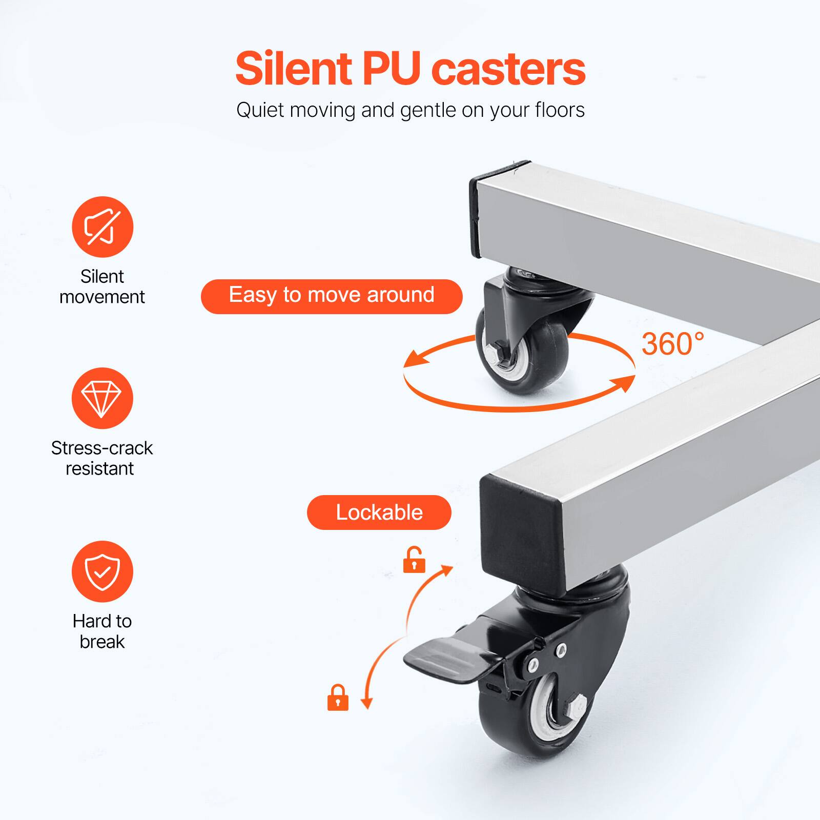 Silent PU casters
Quiet moving and gentle on your floors

Silent movement
Easy to move around
360°
Stress-crack resistant
Lockable
Hard to break