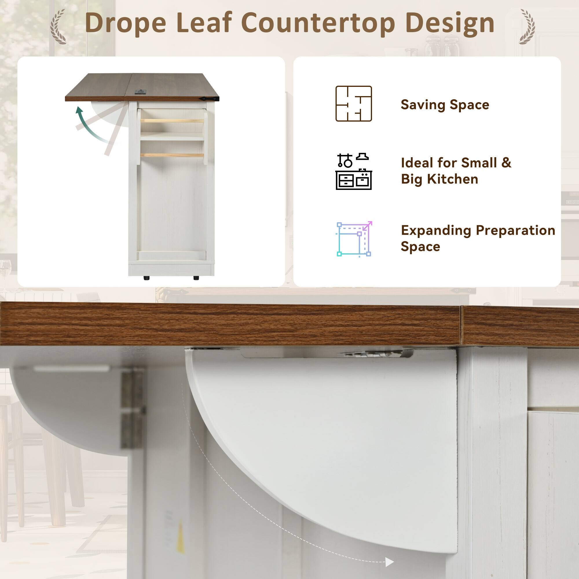 Drop Leaf Countertop Design  
Saving Space  
Ideal for Small & Big Kitchen  
Expanding Preparation Space