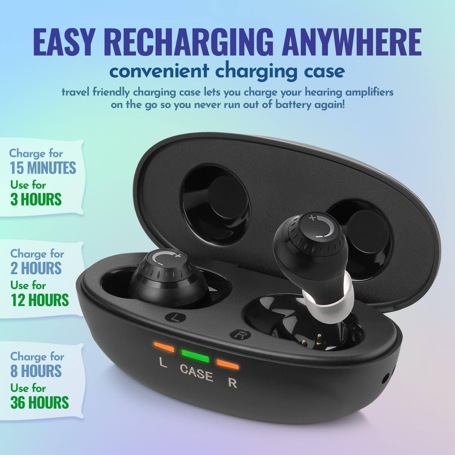 EASY RECHARGING ANYWHERE  
convenient charging case  
travel friendly charging case lets you charge your hearing amplifiers on the go so you never run out of battery again!  

Charge for 15 MINUTES  
Use for 3 HOURS  

Charge for 2 HOURS  
Use for 12 HOURS  

Charge for 8 HOURS  
Use for 36 HOURS  

L CASE R