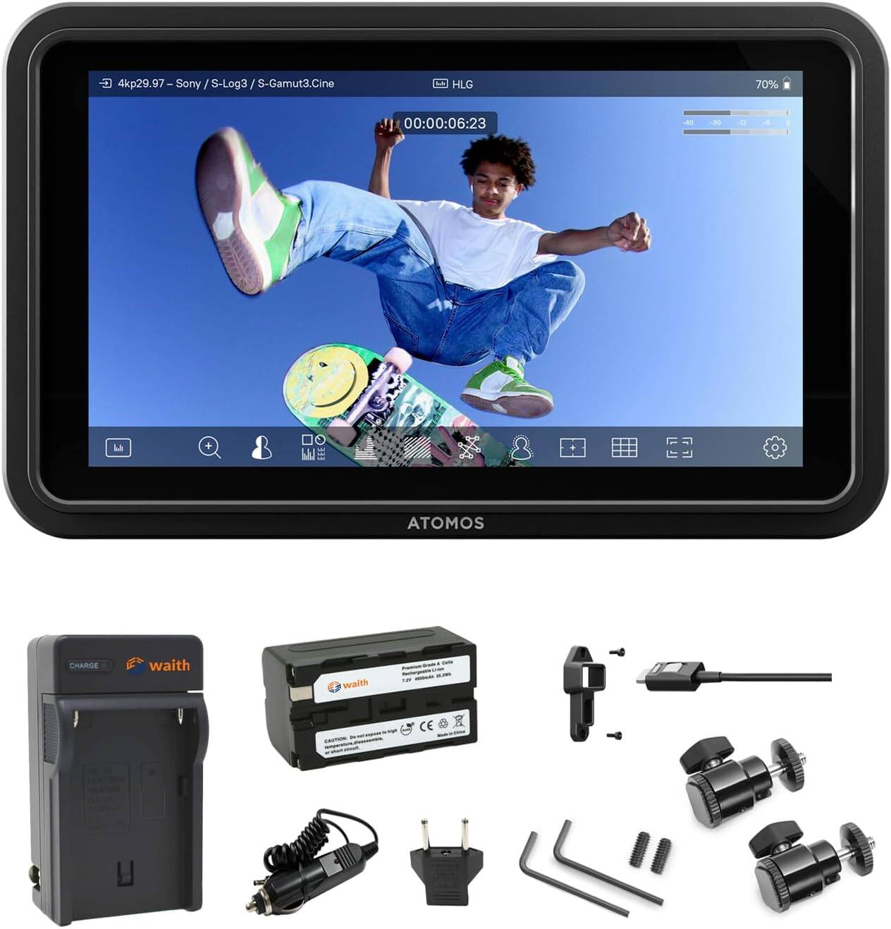 Atomos - Shinobi GO 5.2" Touchscreen HDR Monitor+Battery+Charger+Shoe Mount Bundle - Black