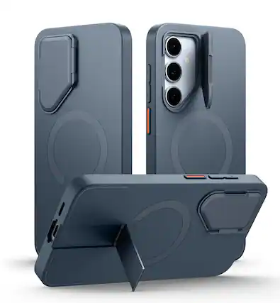 Front. SURITCH - Phone Case for Samsung Galaxy S24 FE, Magnetic Shockproof Protective Cover with Camera Cover & Adjustable Kickstand - Deep Blue.