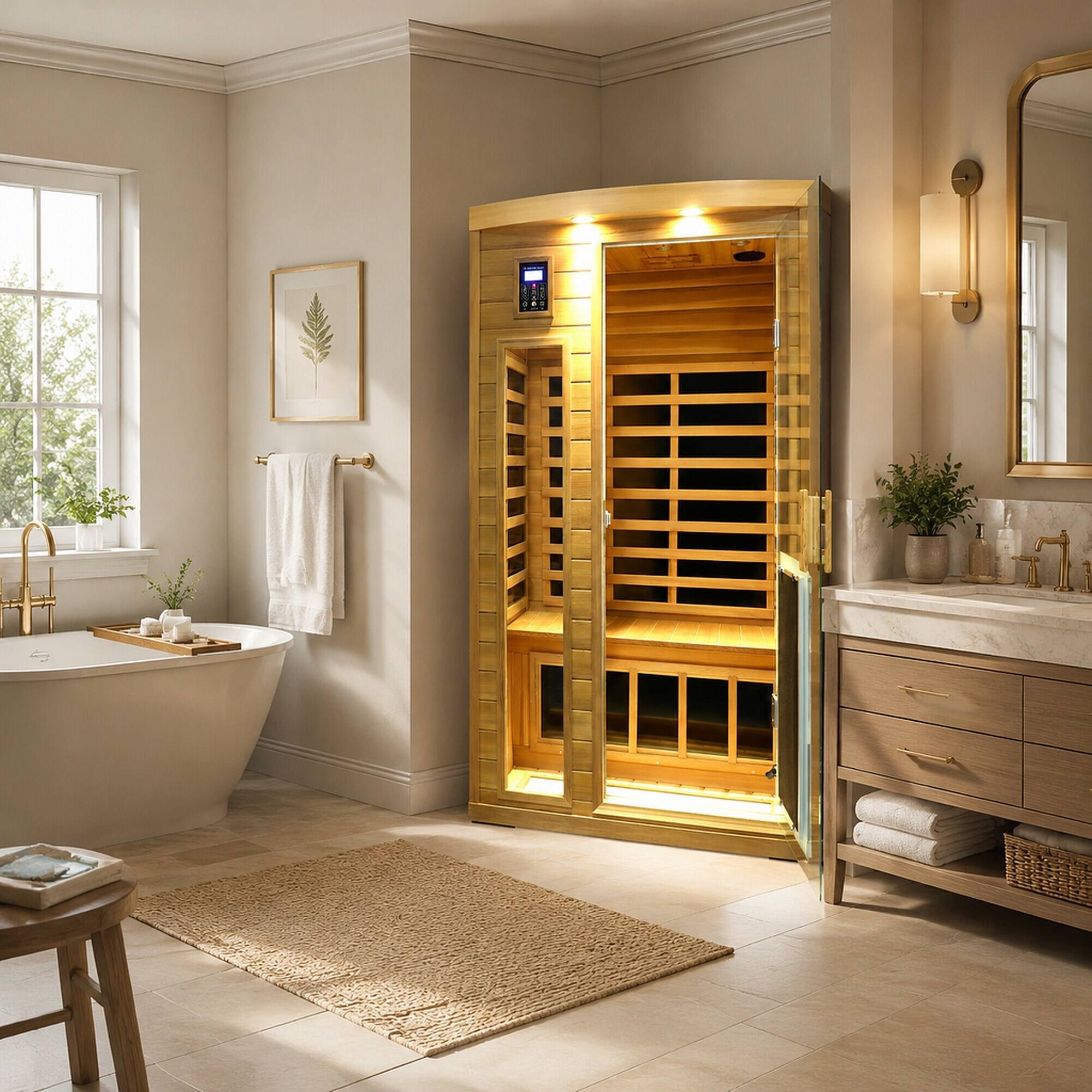 Back. RYHNUYNE - 2 Person Far Infrared Sauna, Low EMF, Red Cedar, Indoor, 47.2 in, 8 Heating Panels, Bluetooth, LED Lights - Natural Wood.
