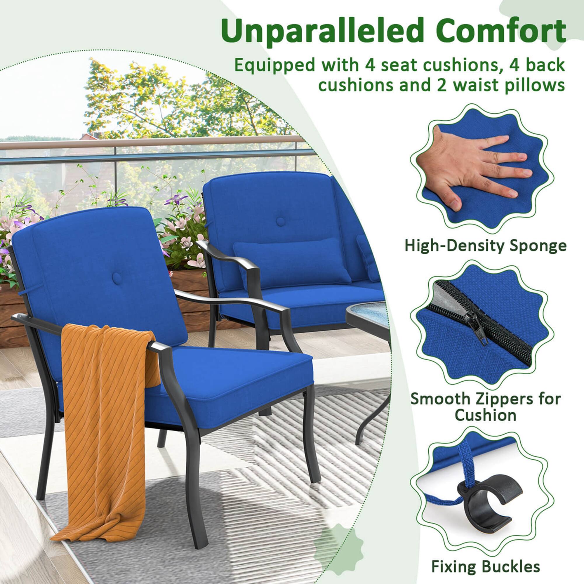 Unparalleled Comfort: Equipped with 4 seat cushions, 4 back cushions, and 2 waist pillows. High-Density Sponge, Smooth Zippers for Cushion, Fixing Buckles.