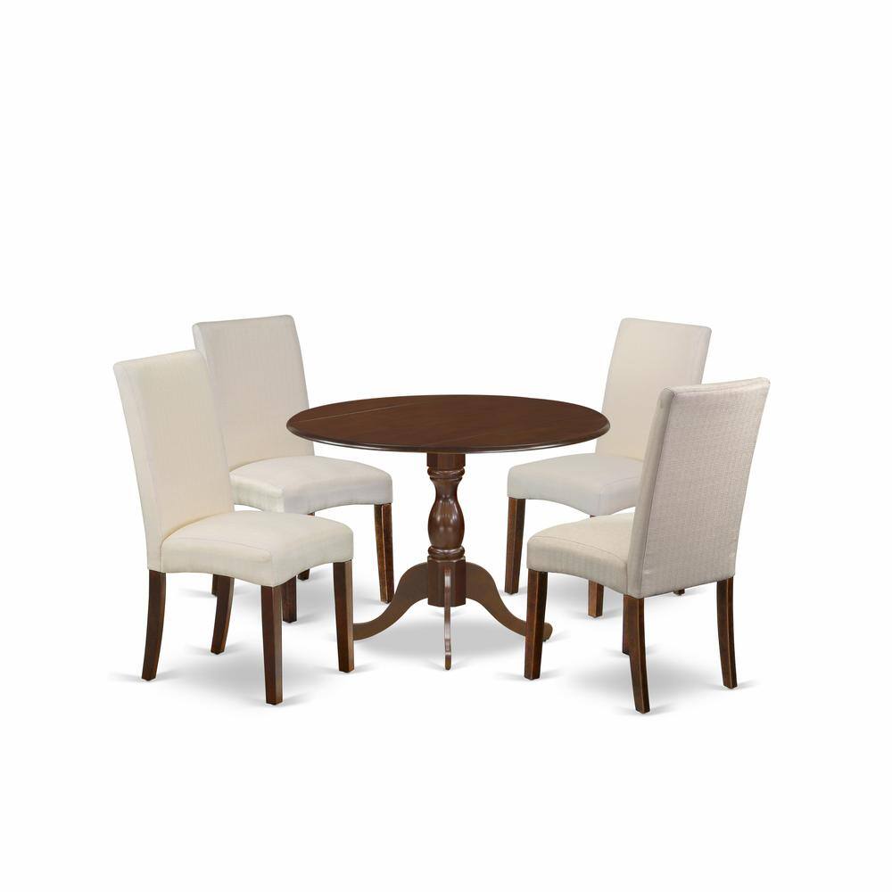 Left. East West Furniture - East West Furniture DMDR5-MAH-01 5 Piece Dining Set Consists of 1 Drop Leaves Dining Table and 4 Cream Linen Fabric - Mahogany.