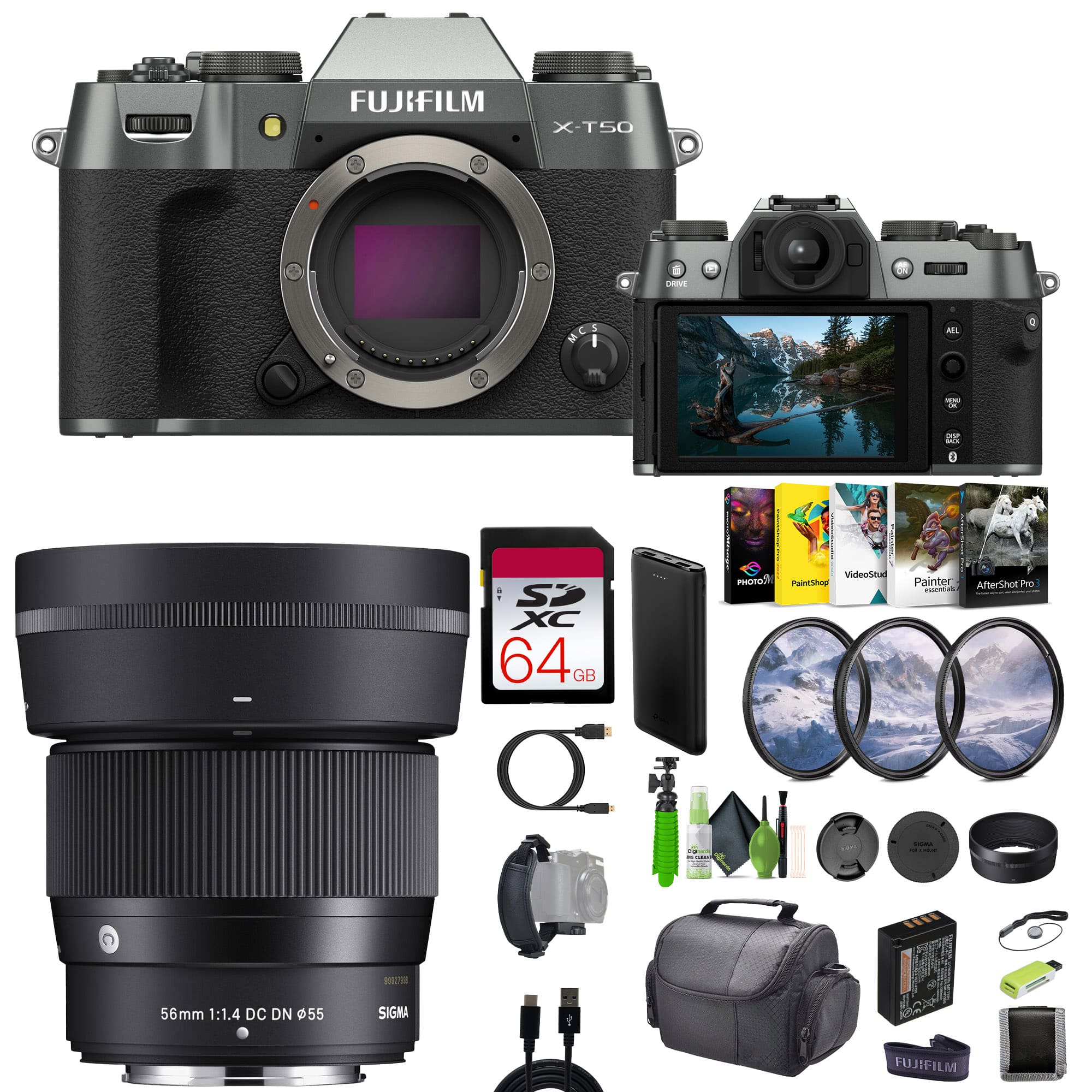 Fujifilm - X-T50 Mirrorless Digital Camera + Sigma 56mm Contemporary Lens +More - Charcoal