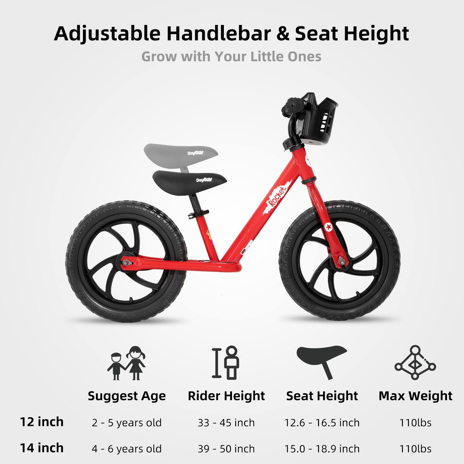Adjustable Handlebar & Seat Height  
Grow with Your Little Ones  

Suggest Age | Rider Height | Seat Height | Max Weight  
12 inch | 2 - 5 years old | 33 - 45 inch | 12.6 - 16.5 inch | 110lbs  
14 inch | 4 - 6 years old | 39 - 50 inch | 15.0 - 18.9 inch | 110lbs