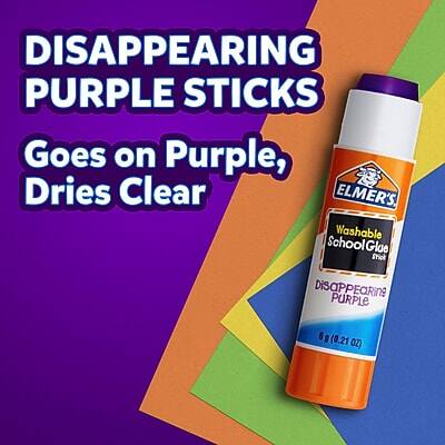 DISAPPEARING PURPLE STICKS  
Goes on Purple, Dries Clear  

ELMER'S  
Washable School Glue Stick  
DISAPPEARING PURPLE  
6 g (0.21 OZ)