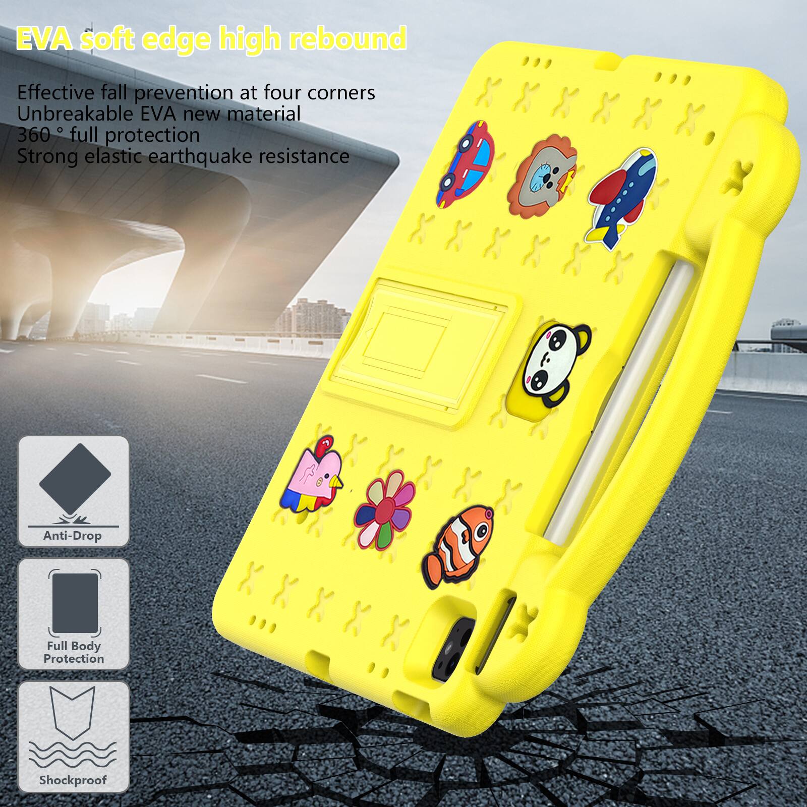 EVA soft edge high rebound  
Effective fall prevention at four corners  
Unbreakable EVA new material  
360° full protection  
Strong elastic earthquake resistance  

Anti-Drop  
Full Body Protection  
Shockproof