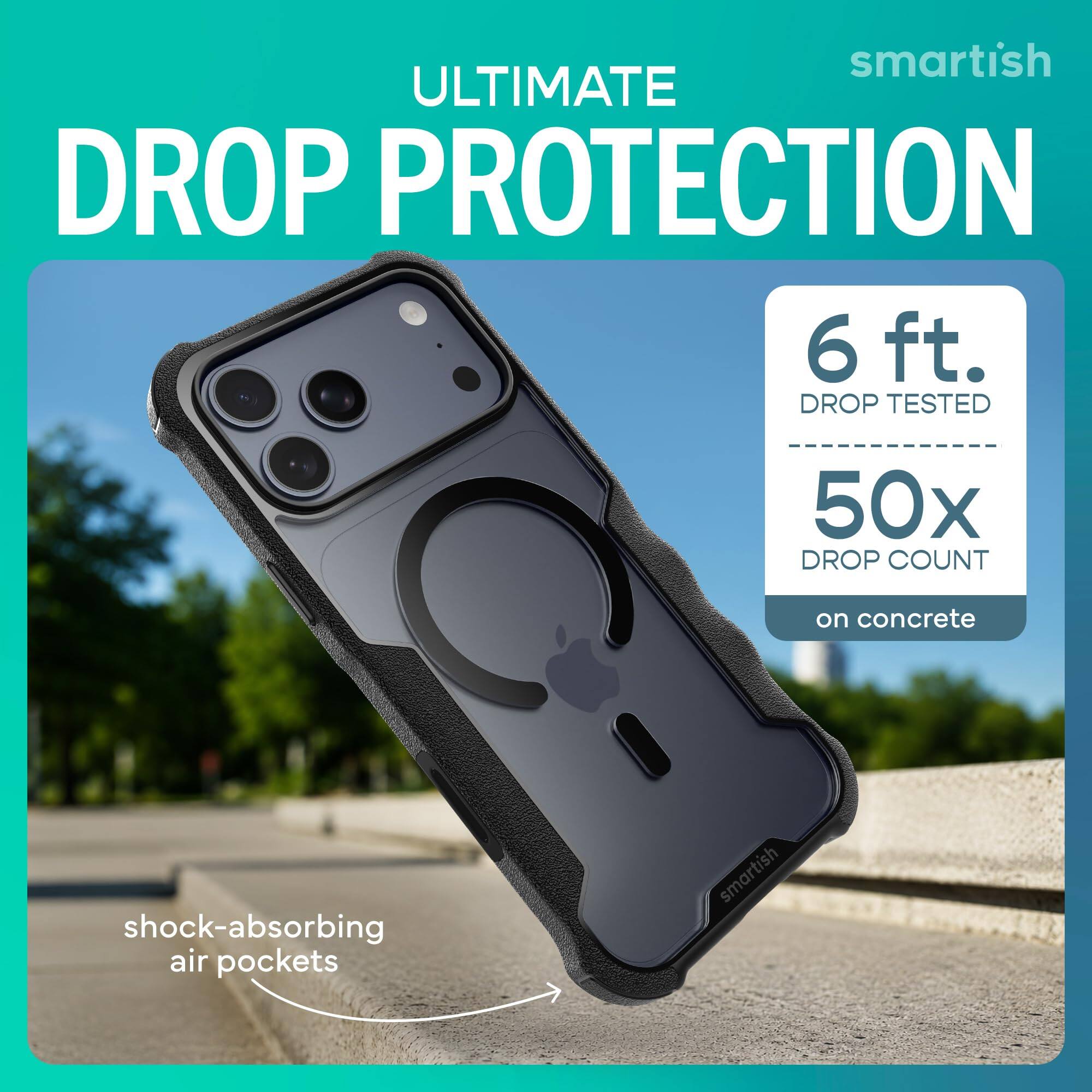 smartish ULTIMATE DROP PROTECTION  
6 ft. DROP TESTED  
50x DROP COUNT  
on concrete  
shock-absorbing air pockets  
smartish