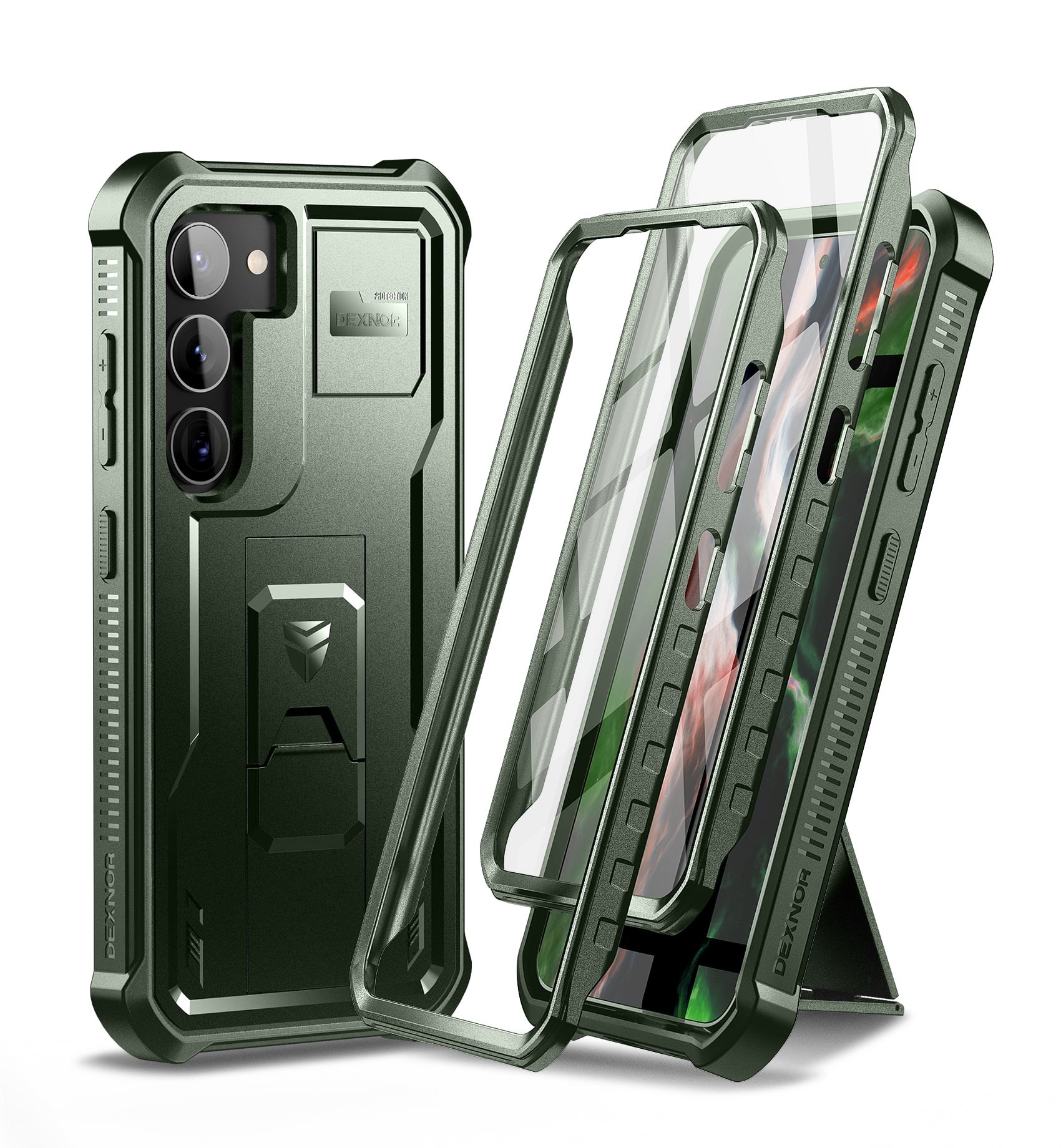 Dexnor - Protective Case for Samsung Galaxy S23,Military Grade Protection Built-in Screen Protector and Kickstand - Army Green