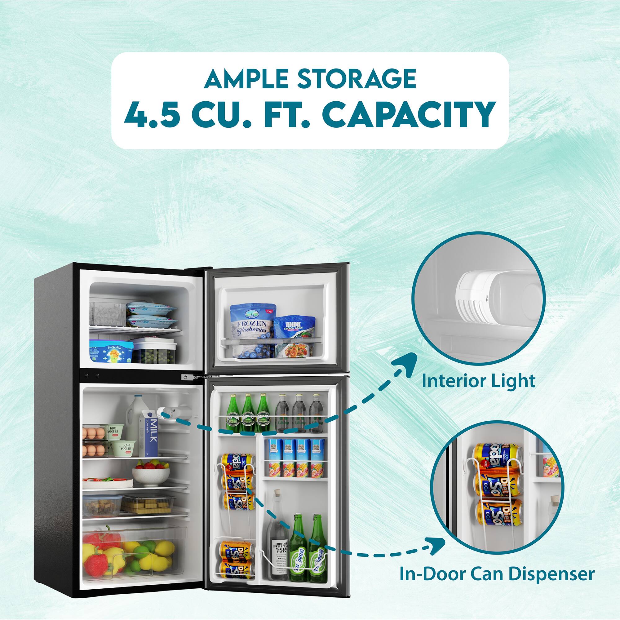 AMPLE STORAGE 4.5 CU. FT. CAPACITY

- Interior Light
- In-Door Can Dispenser