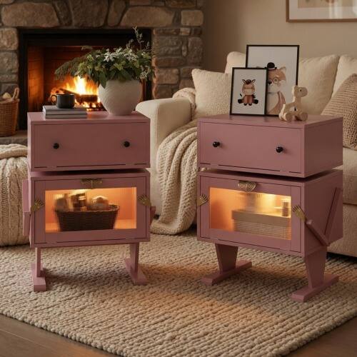 Left. LUCKY ONE - 20.7" Assembled Robot LED Nightstand 360 Rotating Drawer - Pink.
