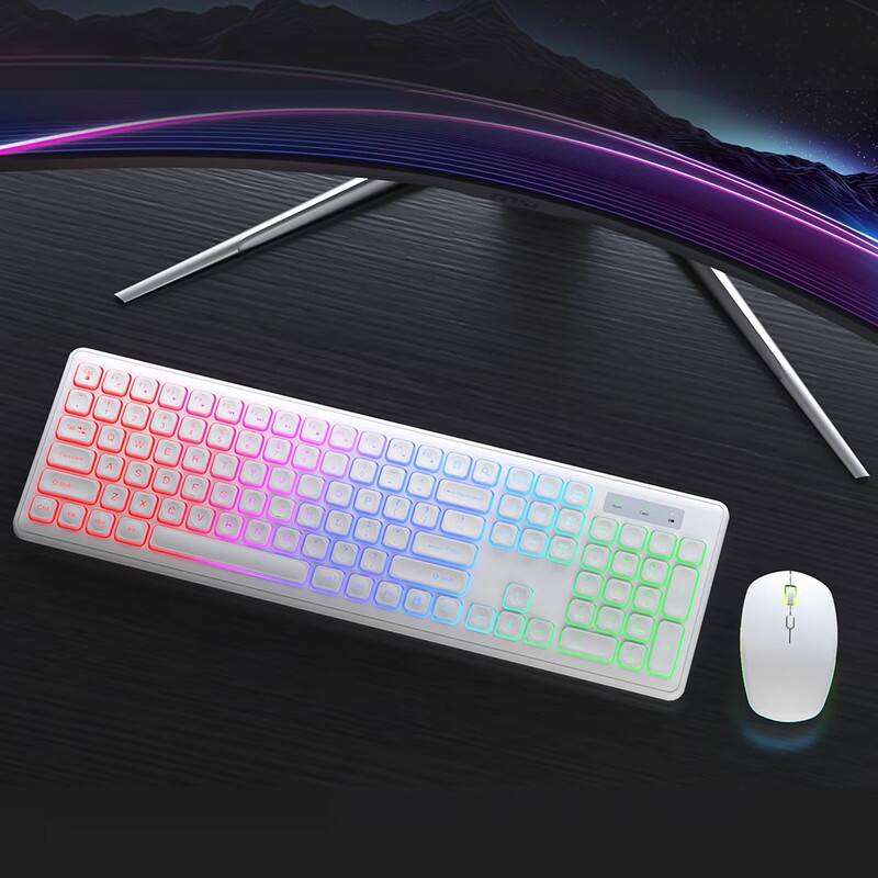 Alt View 4. Luckbyte - Rechargeable Silent Wireless Keyboard and Mouse Combo - Rainbow LED Backlit, Slim Ergonomic Set for PC & Laptop, White - White.