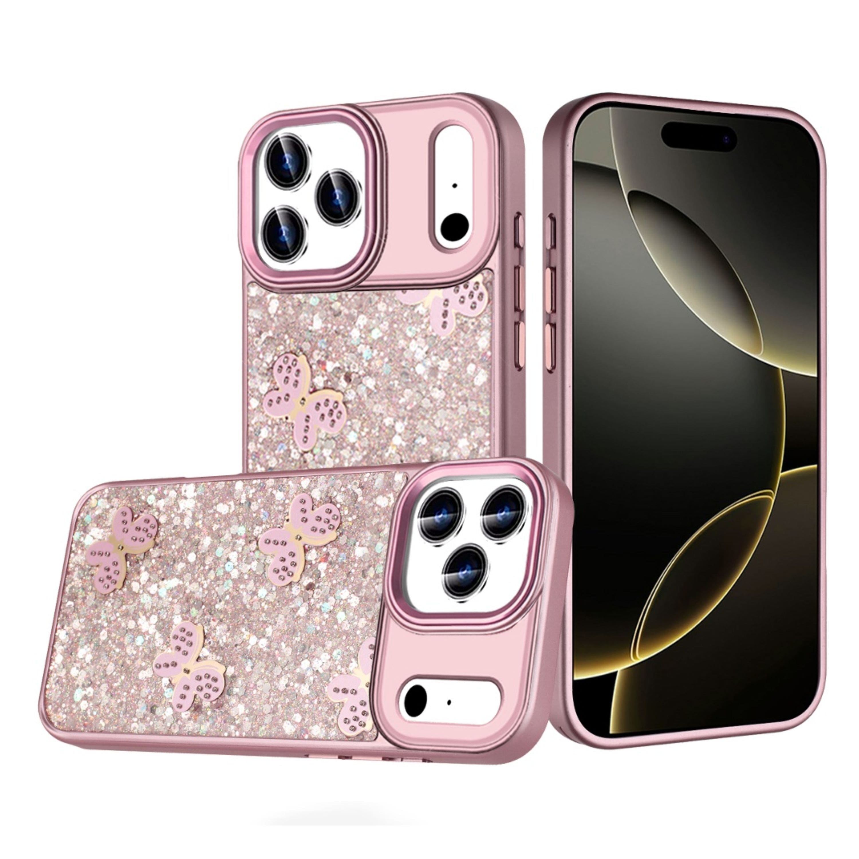 Kitcheniva - Full Glitter Flakes Butterflies Design Phone Case With Tempered Glass For iPhone 17 Pro - Pink price history on PriceWatchPro