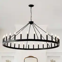 Loheer - Matte Black Wagon Wheel Chandelier, Thirty Light E12 Farmhouse Ceiling Fixture for Large Rooms