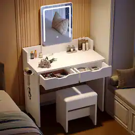 Bestier - Vanity Desk Set with 3-Mode Lighted Mirror, 2 Storage Drawers, Hair Dryer Holder & Edge Safety Guard - White