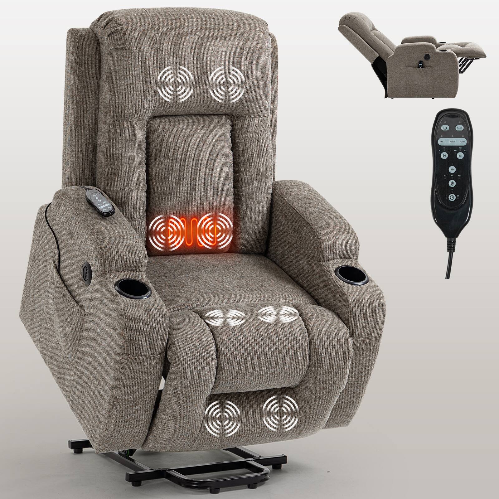 Front. Akoasm - Power Lift Recliner Chair Massage Chair with 8-Point Vibration and Lumbar Heating, USB Charging Port, Cup Holders-Brown - Brown.