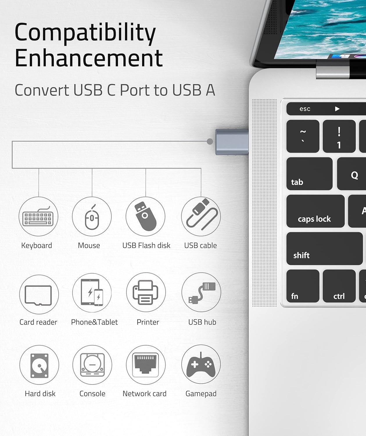 Compatibility Enhancement  
Convert USB C Port to USB A  

- Keyboard  
- Mouse  
- USB Flash disk  
- USB cable  
- Card reader  
- Phone&Tablet  
- Printer  
- USB hub  
- Hard disk  
- Console  
- Network card  
- Gamepad