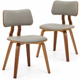 LeisureMod - Clivo 2-Piece Open-Back Modern Dining Chair Set, Walnut Wood Leather Upholstered Accent Side Chairs - Walnut/Light Grey