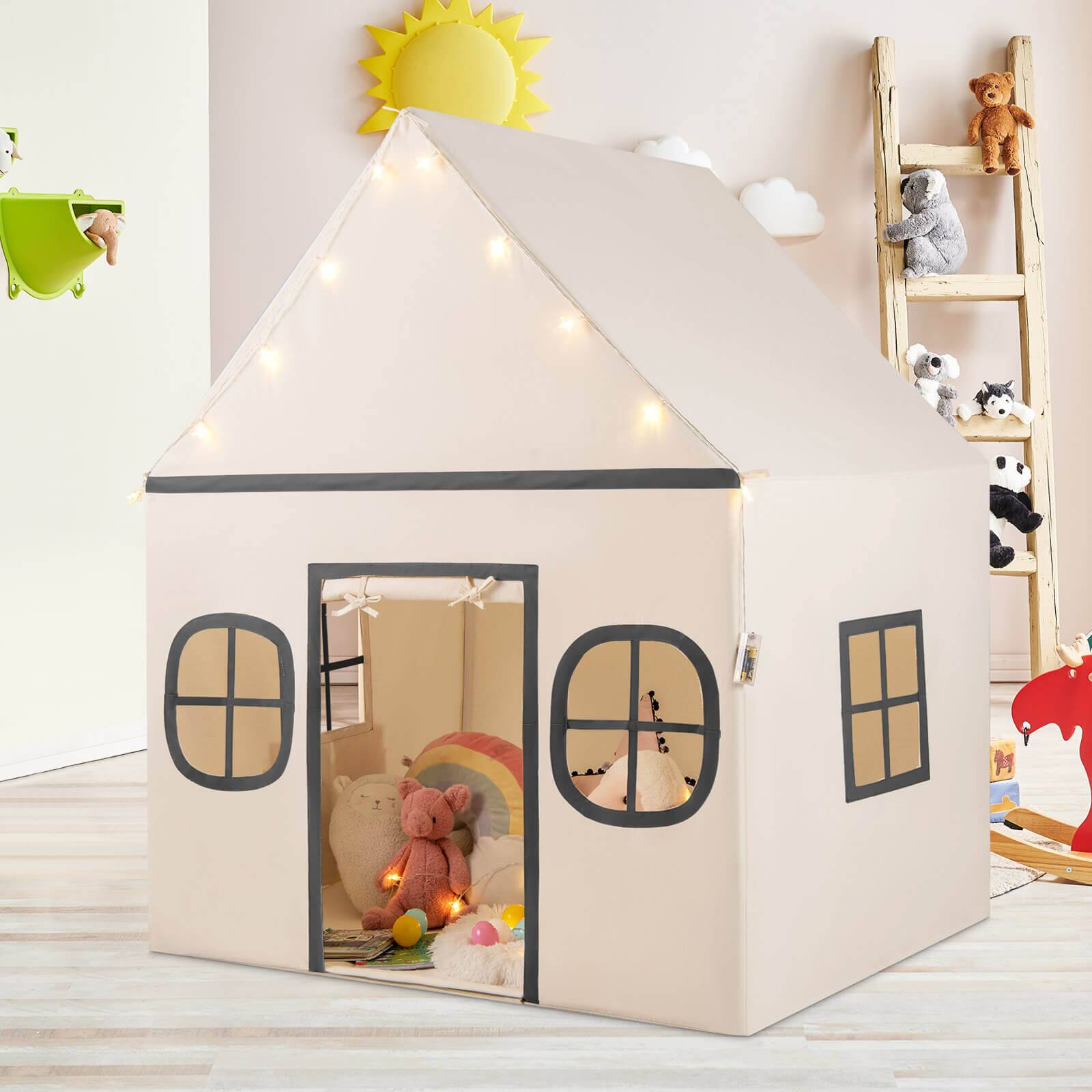 Alt View 2. Costway - Costway Kids Play Tent with Padded Mat, Star Lights, Side Storage Bags, Door & Windows - Beige.