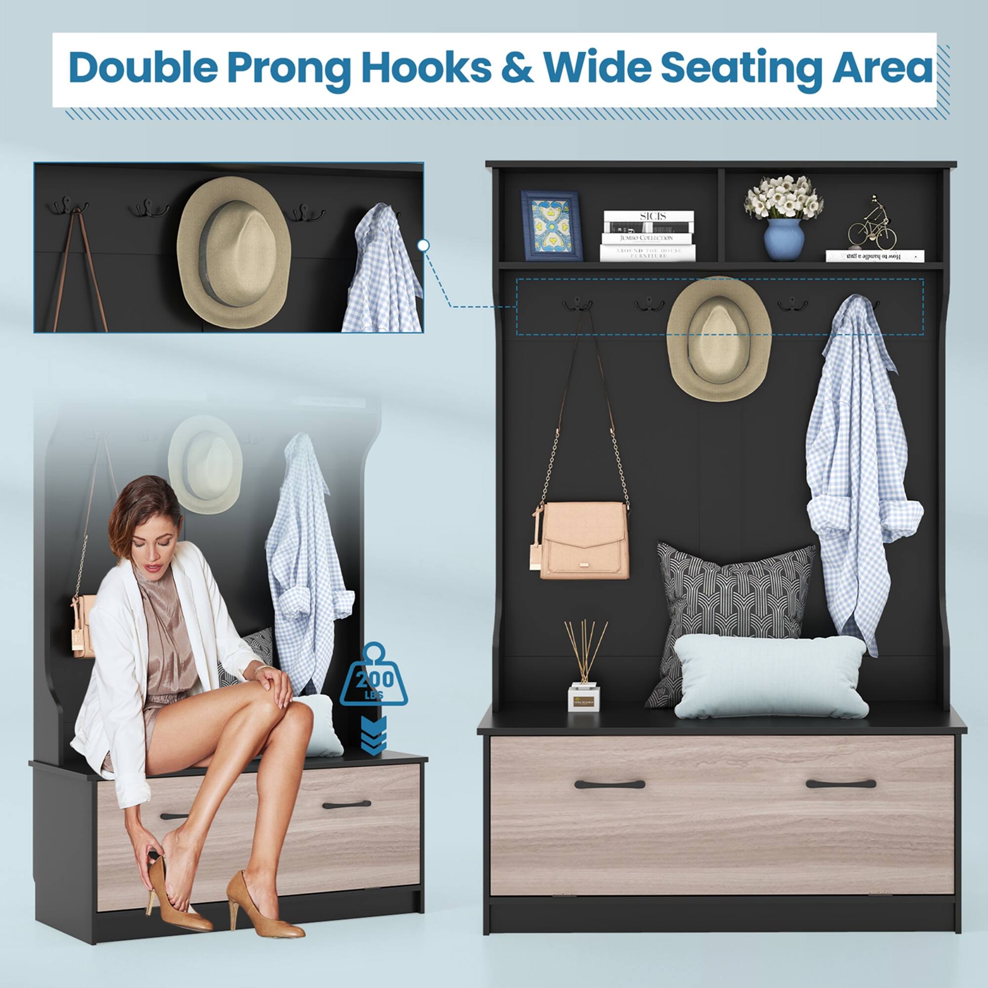 Double Prong Hooks & Wide Seating Area

200 LBS