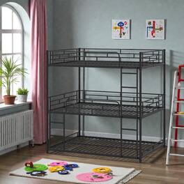 Hivvago - Heavy-Duty Metal 3-Tier Bunk Bed with Safety Rails and Two Access Ladders - Black