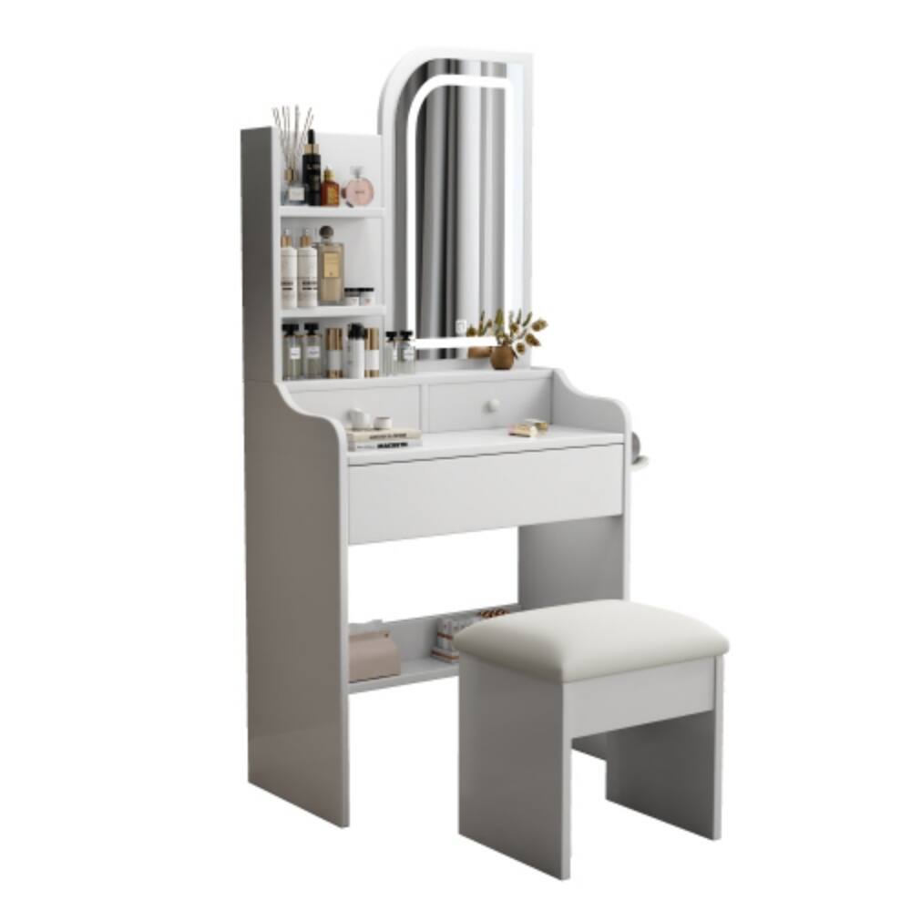 Alt View 3. LUCKY ONE - Vanity Desk with 3-Color LED Mirror, Hair Dryer Holder, 3 Drawers and Chair for Bedroom - White.