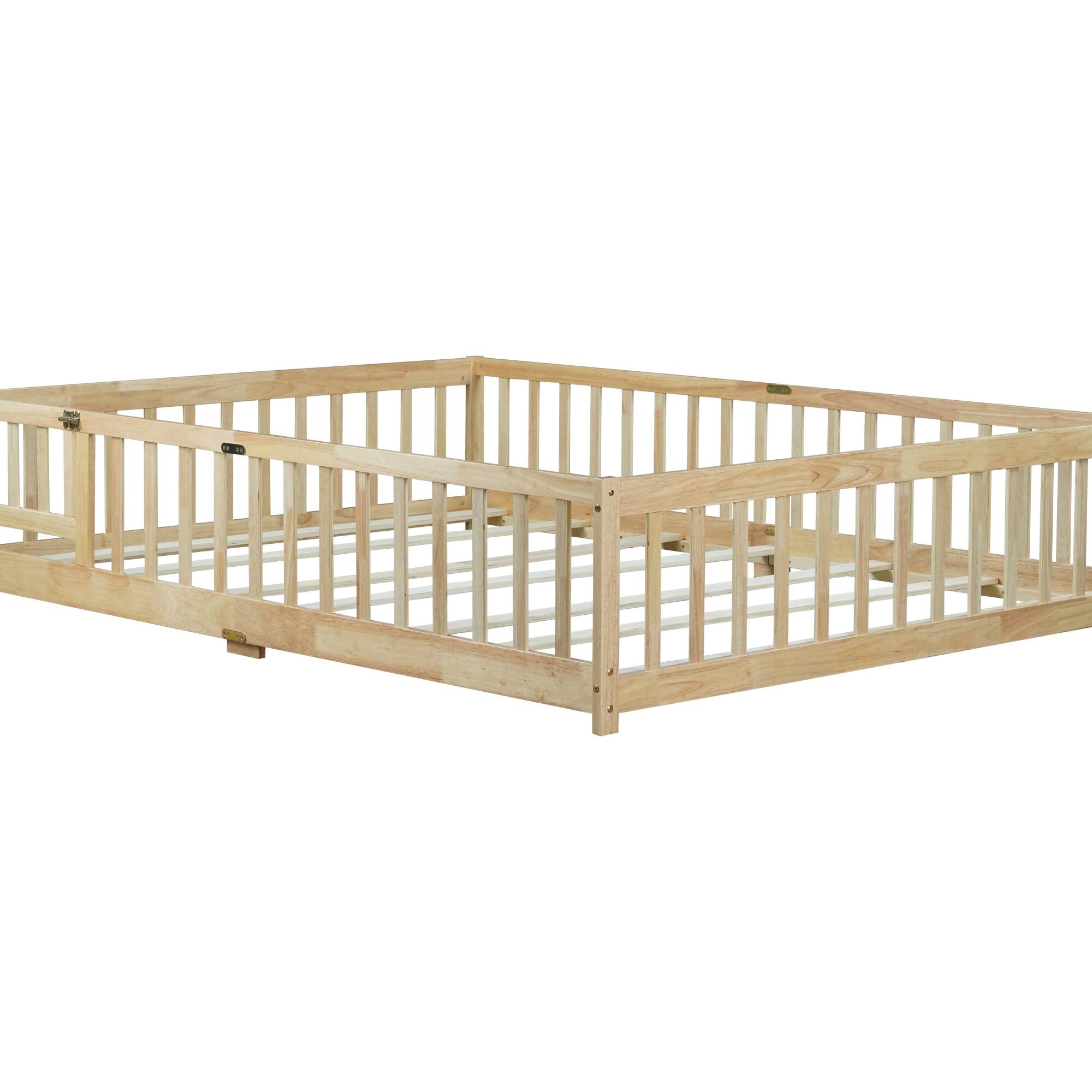 Alt View 10. GOODSILO - Queen Size Low-Profile Platform Bed with Safety Guardrails and Entry Door for Secure Sleeping Space - Natural.