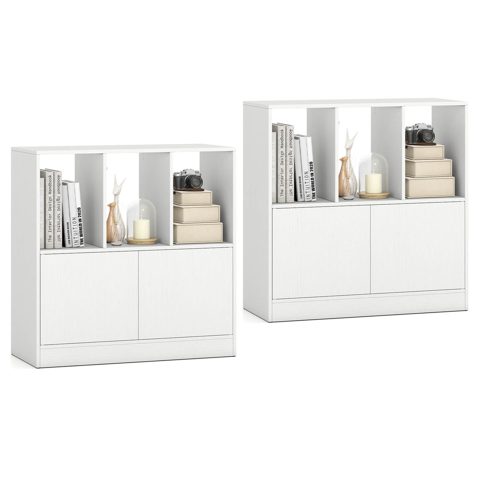 Costway - 2 PCS Cube Bookcase with Doors, Open Compartments & Cabinet, Modern Display Shelf - White