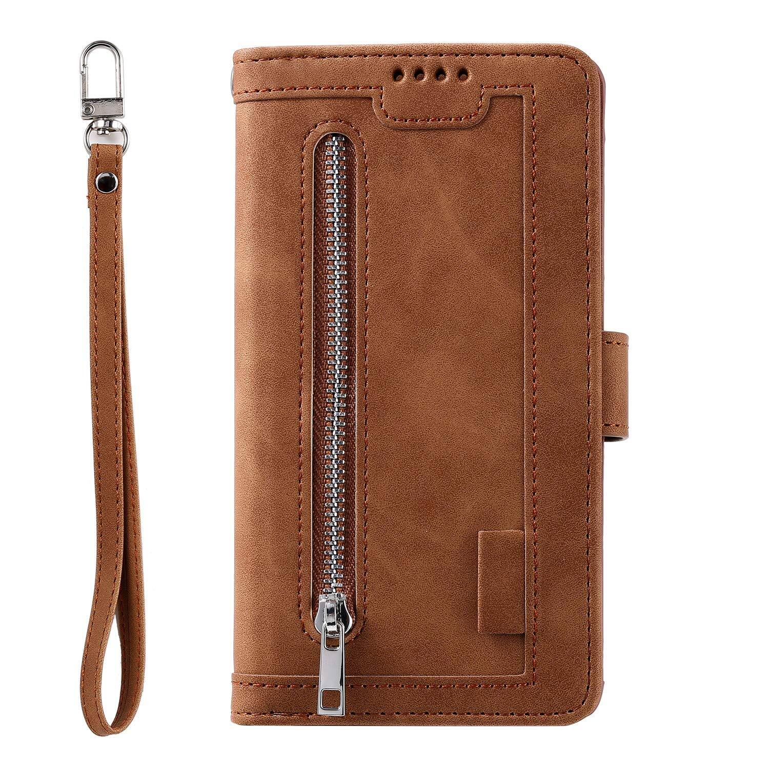 Alt View 1. Dteck - Multi-Functional Wallet Case for Google Pixel 10A, 9 Card Slots Zipper Pocket Stand Premium Leather Cover+Strap - Brown.