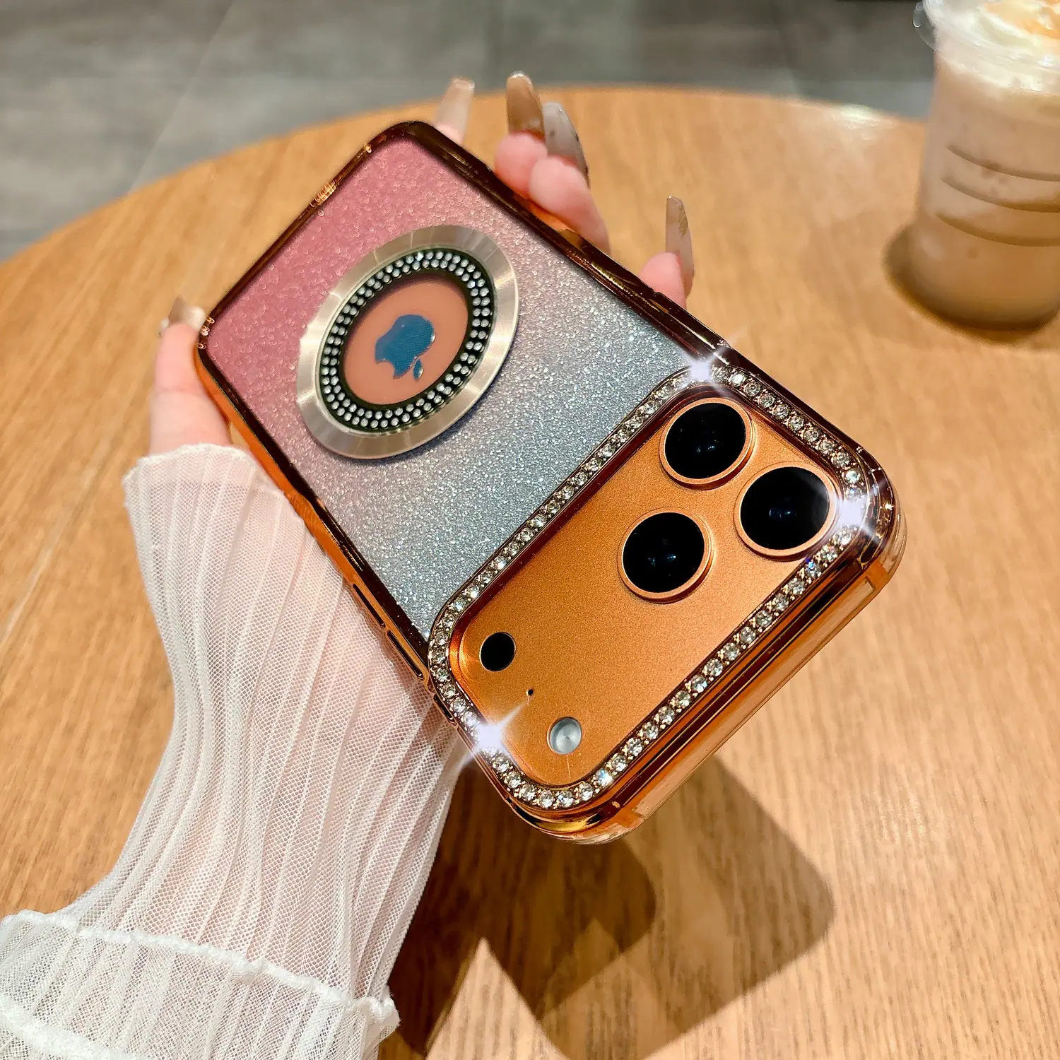 Front. Dteck - Glitter Gradient Case for Apple iPhone 17 Pro Max with Diamond Camera Bezel, Magnetic Slim Shockproof Protective Cover - Orange.