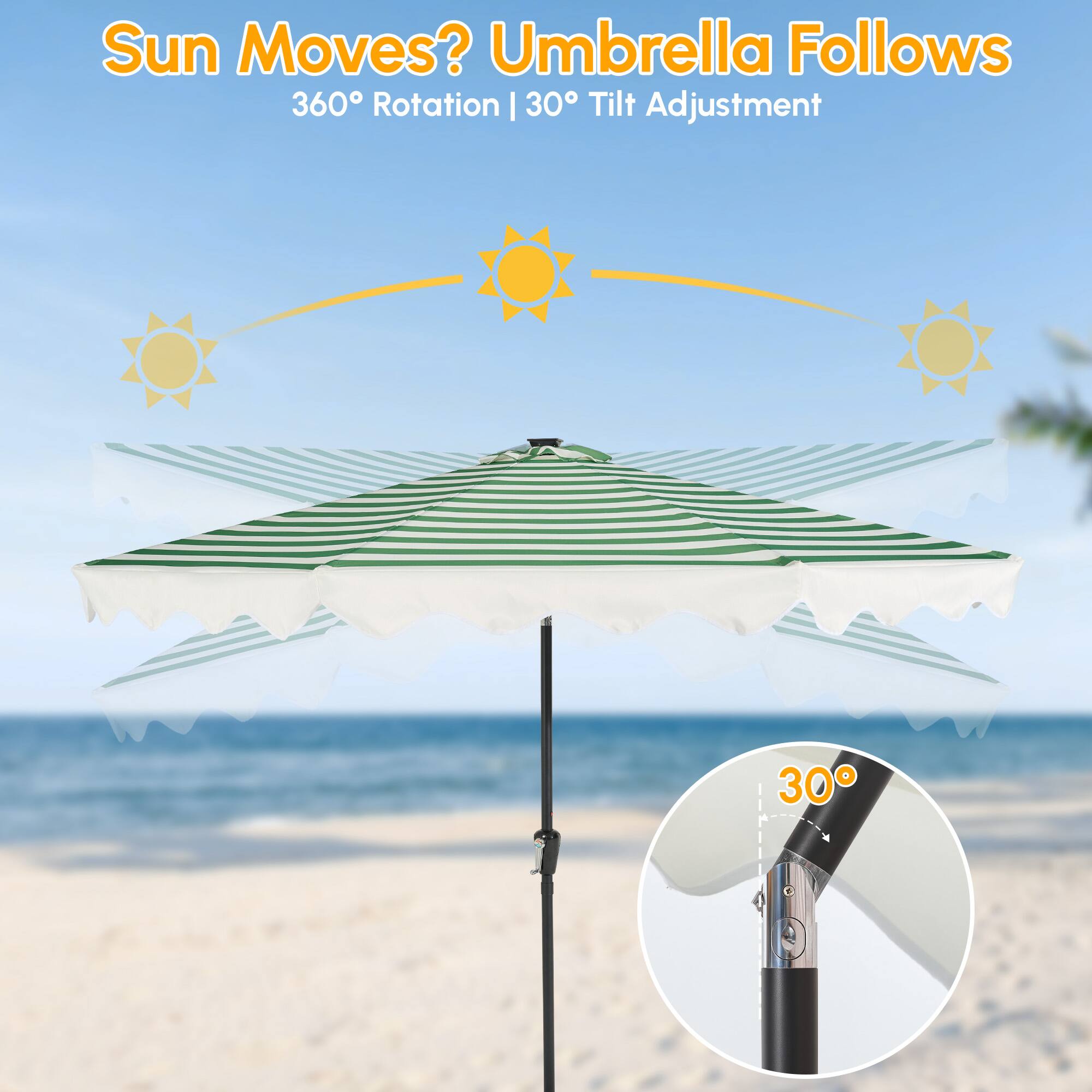 Sun Moves? Umbrella Follows  
360° Rotation | 30° Tilt Adjustment