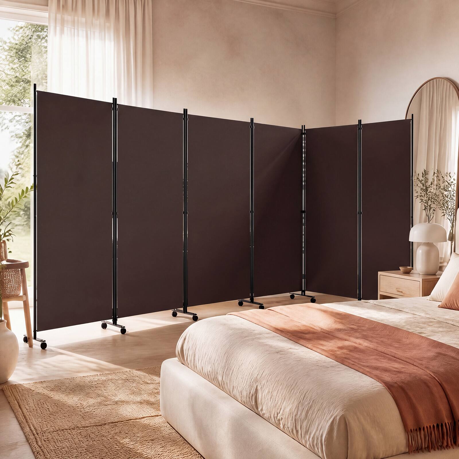 Alt View 3. Costway - Costway Room Divider with Lockable Wheels, 6 Panel Folding Privacy Screen for Office - Brown.