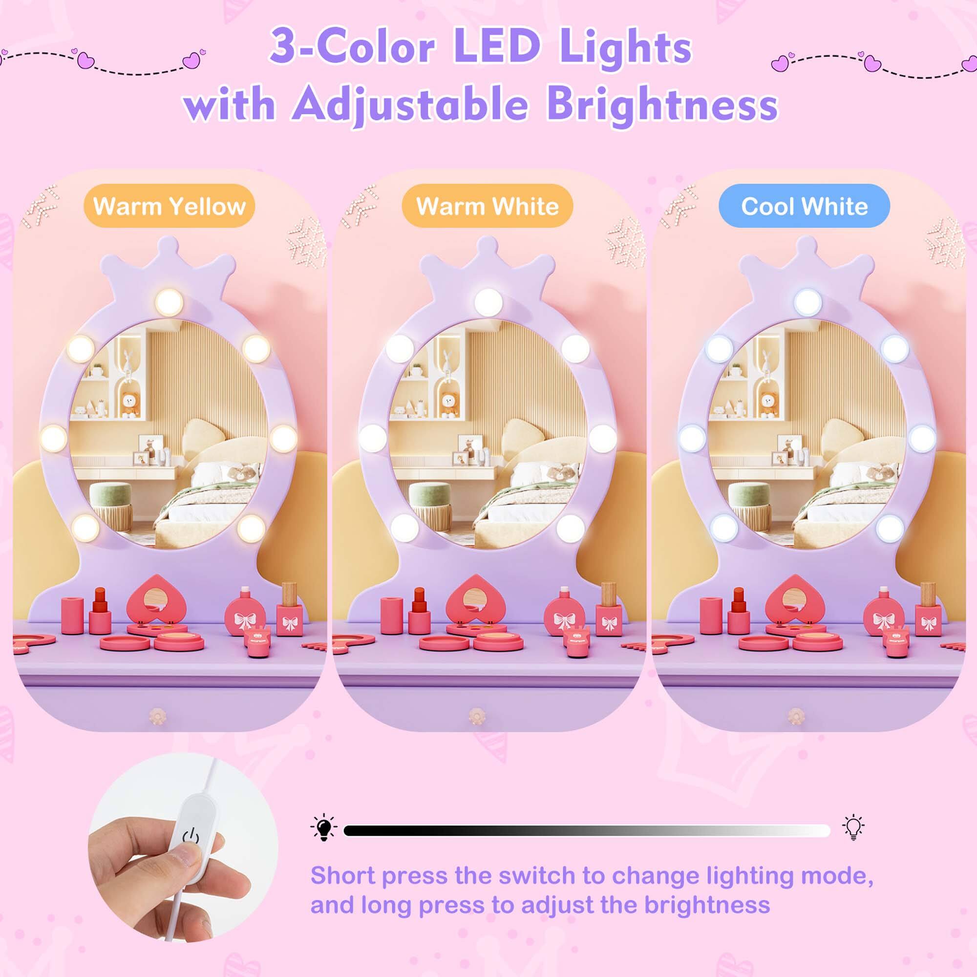 3-Color LED Lights with Adjustable Brightness

Warm Yellow Warm White Cool White

Short press the switch to change lighting mode, and long press to adjust the brightness.